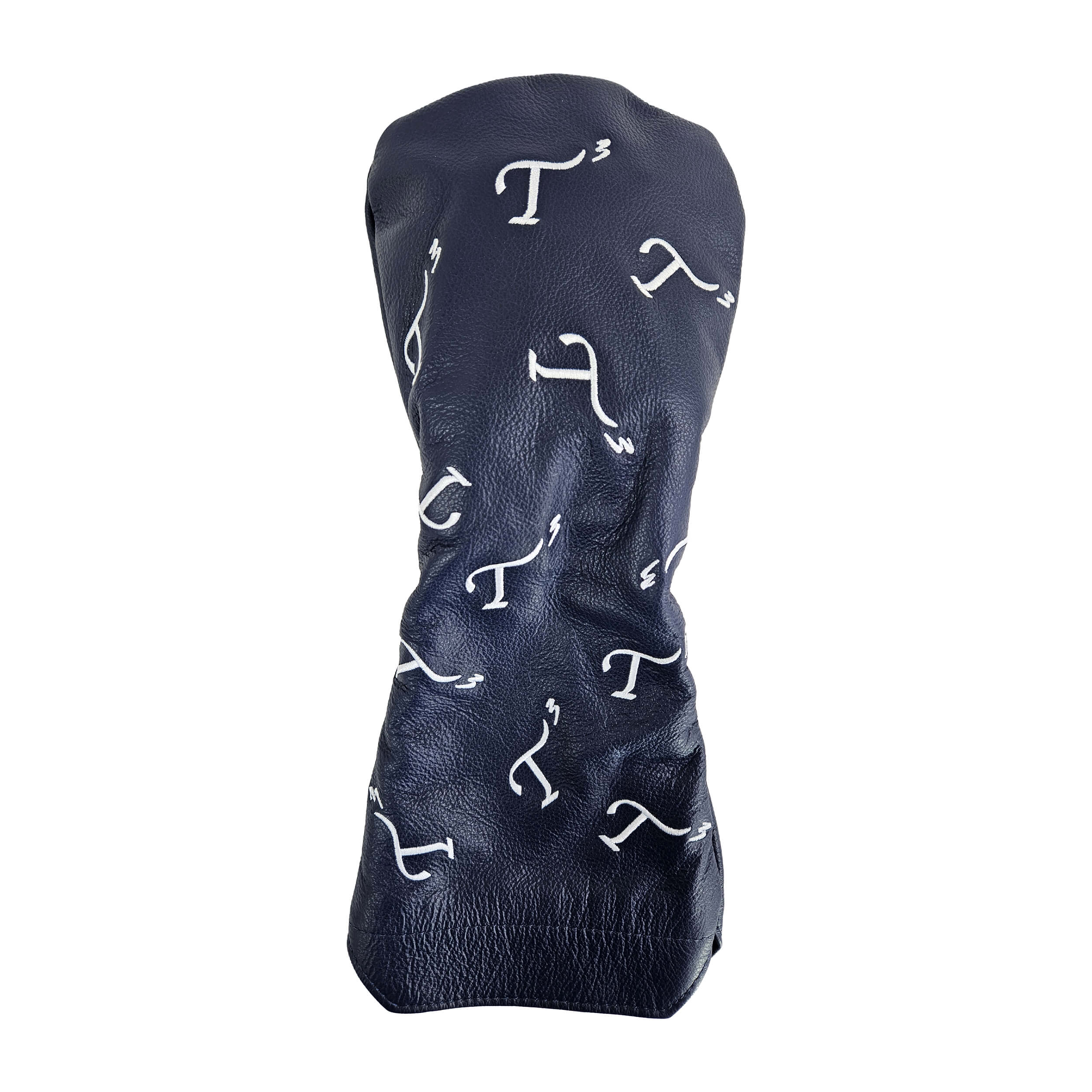 Navy leather driver head cover with white embroidered T3 logos in a randomized pattern.
