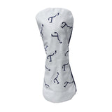 White front, navy back leather driver head cover with navy embroidered T3 logos in a randomized pattern.