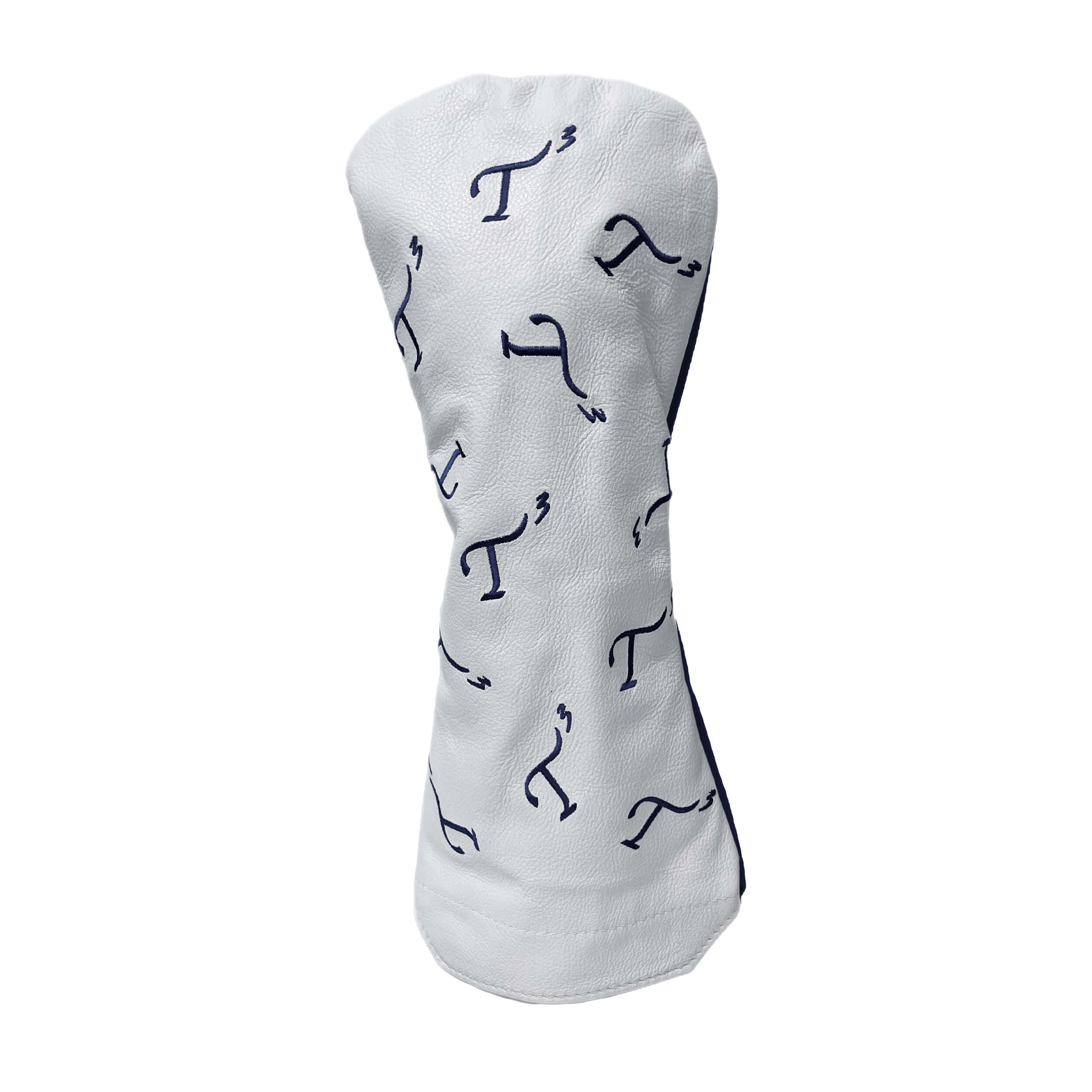 White front, navy back leather driver head cover with navy embroidered T3 logos in a randomized pattern.