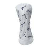 White leather driver head cover with navy embroidered T3 logos in a randomized pattern.