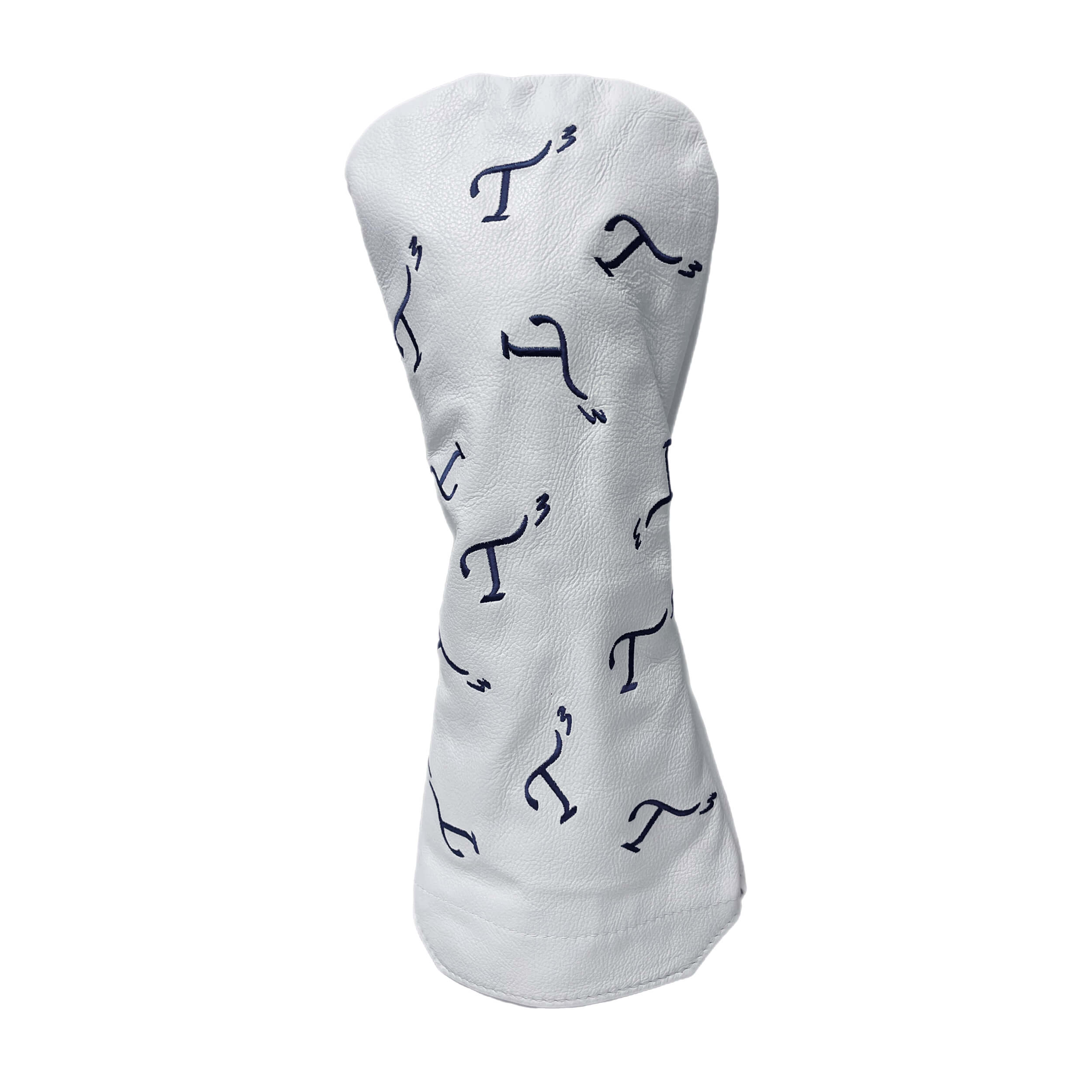 White leather driver head cover with navy embroidered T3 logos in a randomized pattern.