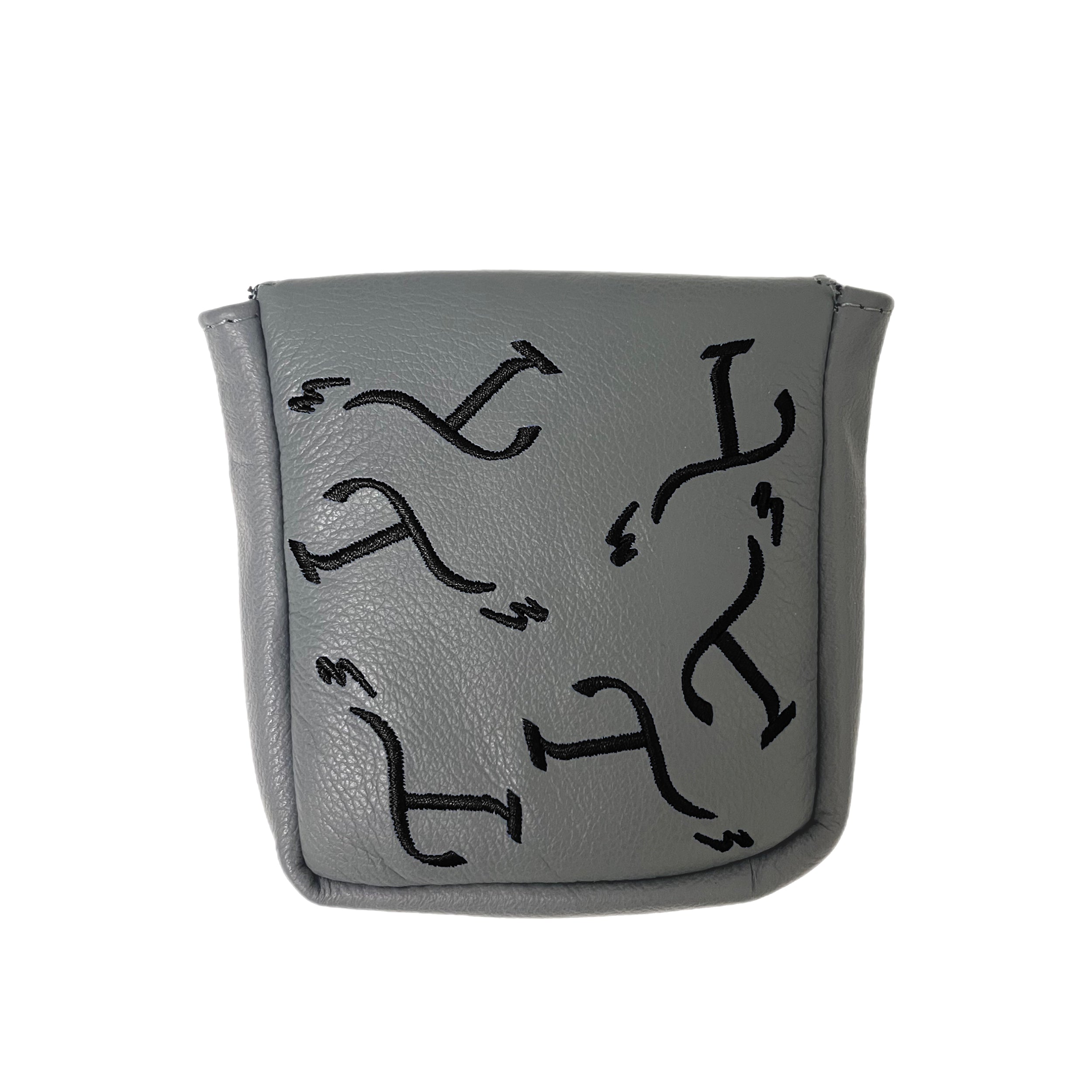 Gray mallet-style putter cover with black embroidered T3 logos in a randomized pattern.
