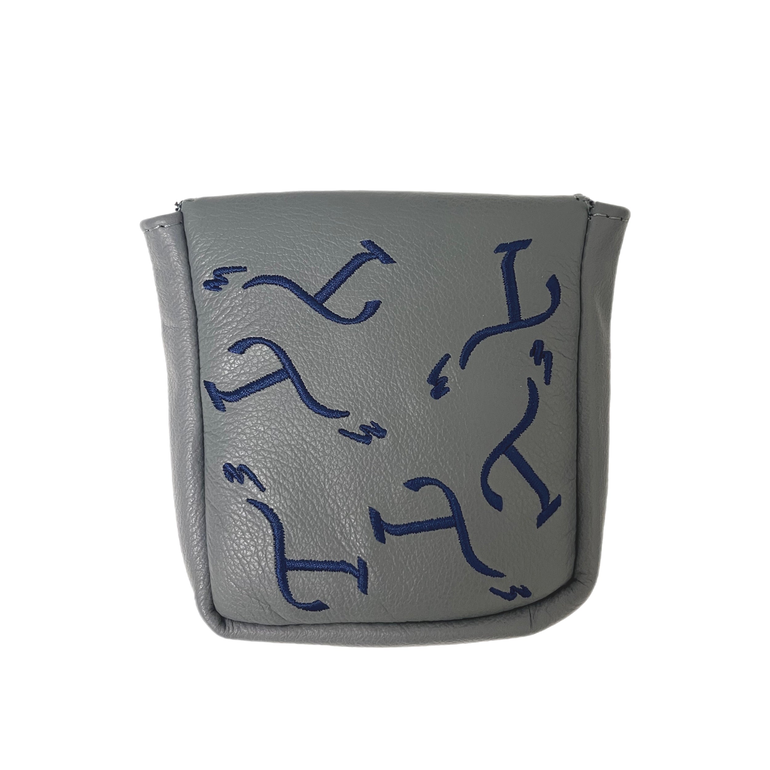 Gray mallet-style putter cover with navy embroidered T3 logos in a randomized pattern.