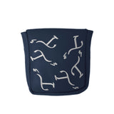 Navy mallet-style putter cover with white embroidered T3 logos in a randomized pattern.