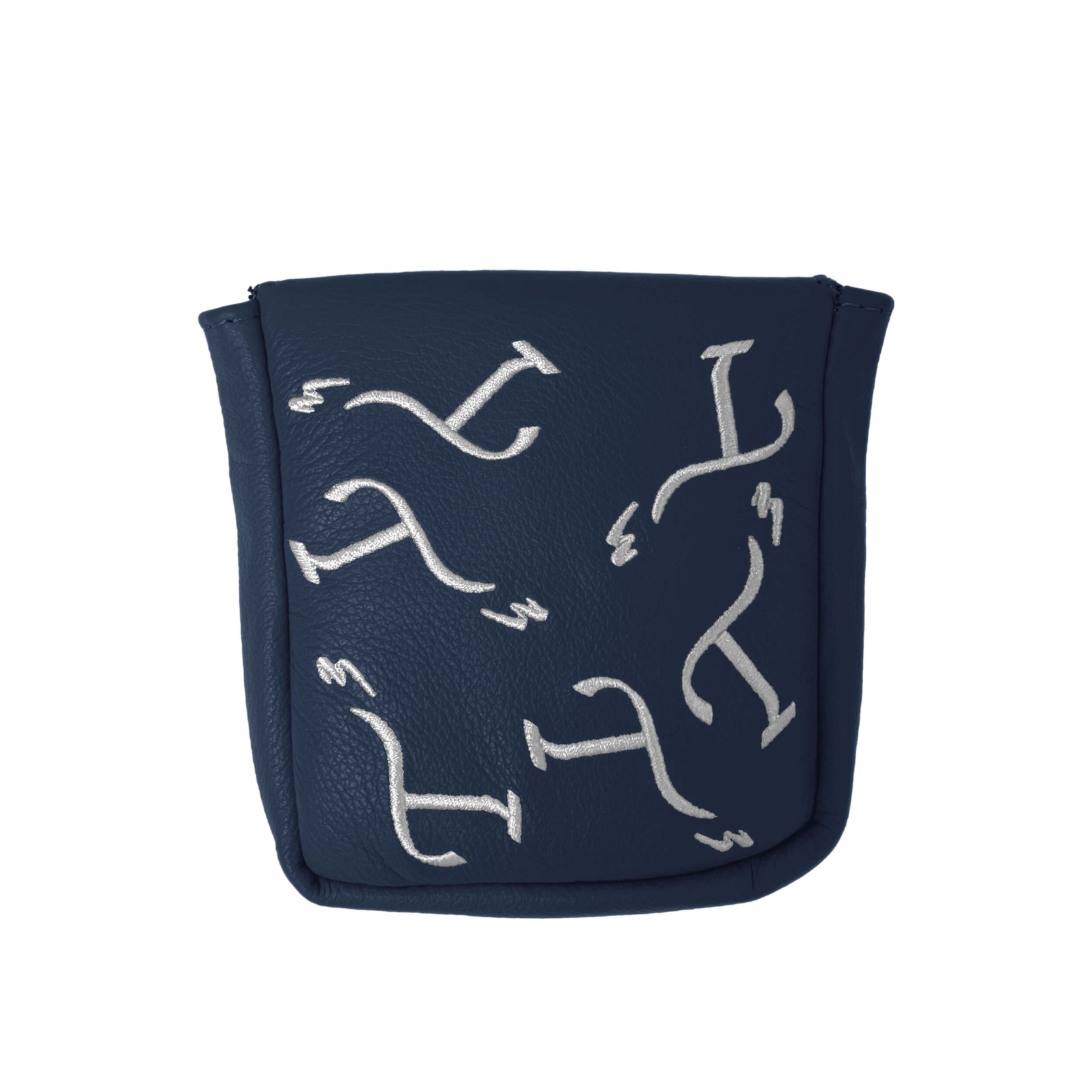 Navy mallet-style putter cover with white embroidered T3 logos in a randomized pattern.
