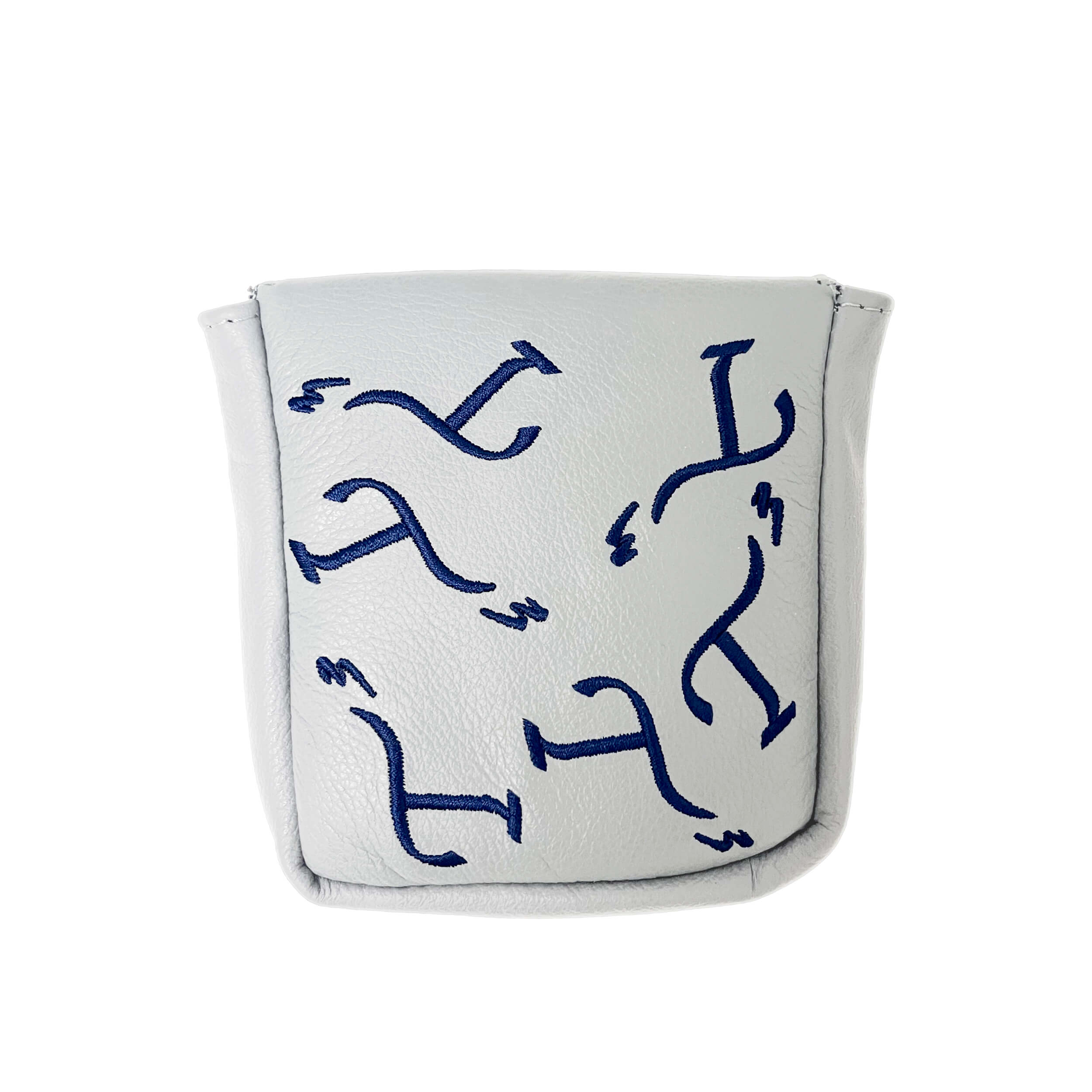 White mallet-style putter cover with navy embroidered T3 logos in a randomized pattern.