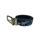 Doc Murphy, navy and light blue camo garment-dyed, custom-cut, reversible belt with embroidered T3 logo and brass-colored metal buckle with Doc Murphy logo on the buckle loop.