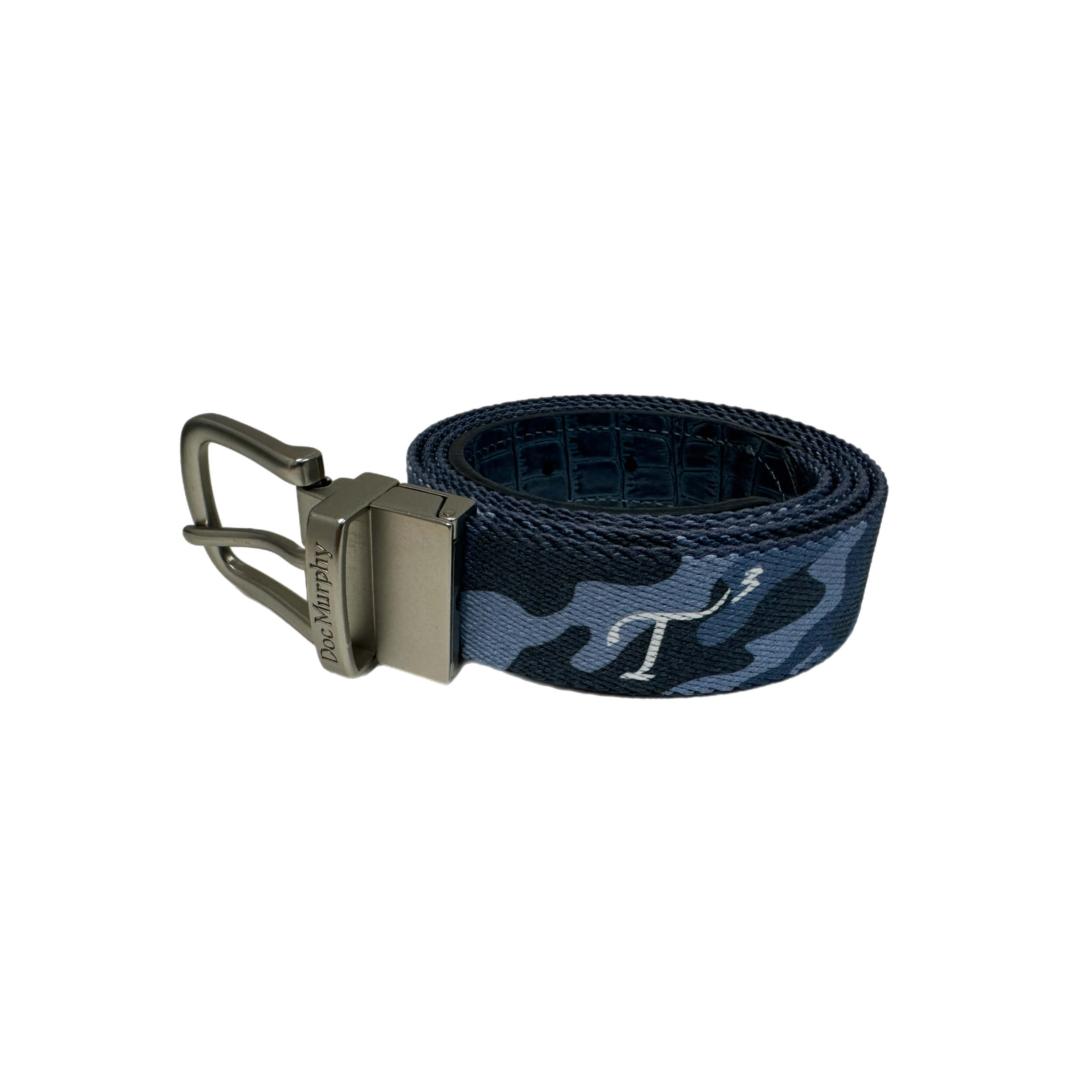 Doc Murphy, navy and light blue camo garment-dyed, custom-cut, reversible belt with embroidered T3 logo and brass-colored metal buckle with Doc Murphy logo on the buckle loop.