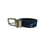 Doc Murphy, navy garment-dyed, custom-cut, reversible belt with embroidered T3 logo and brass-colored metal buckle with Doc Murphy logo on the buckle loop.