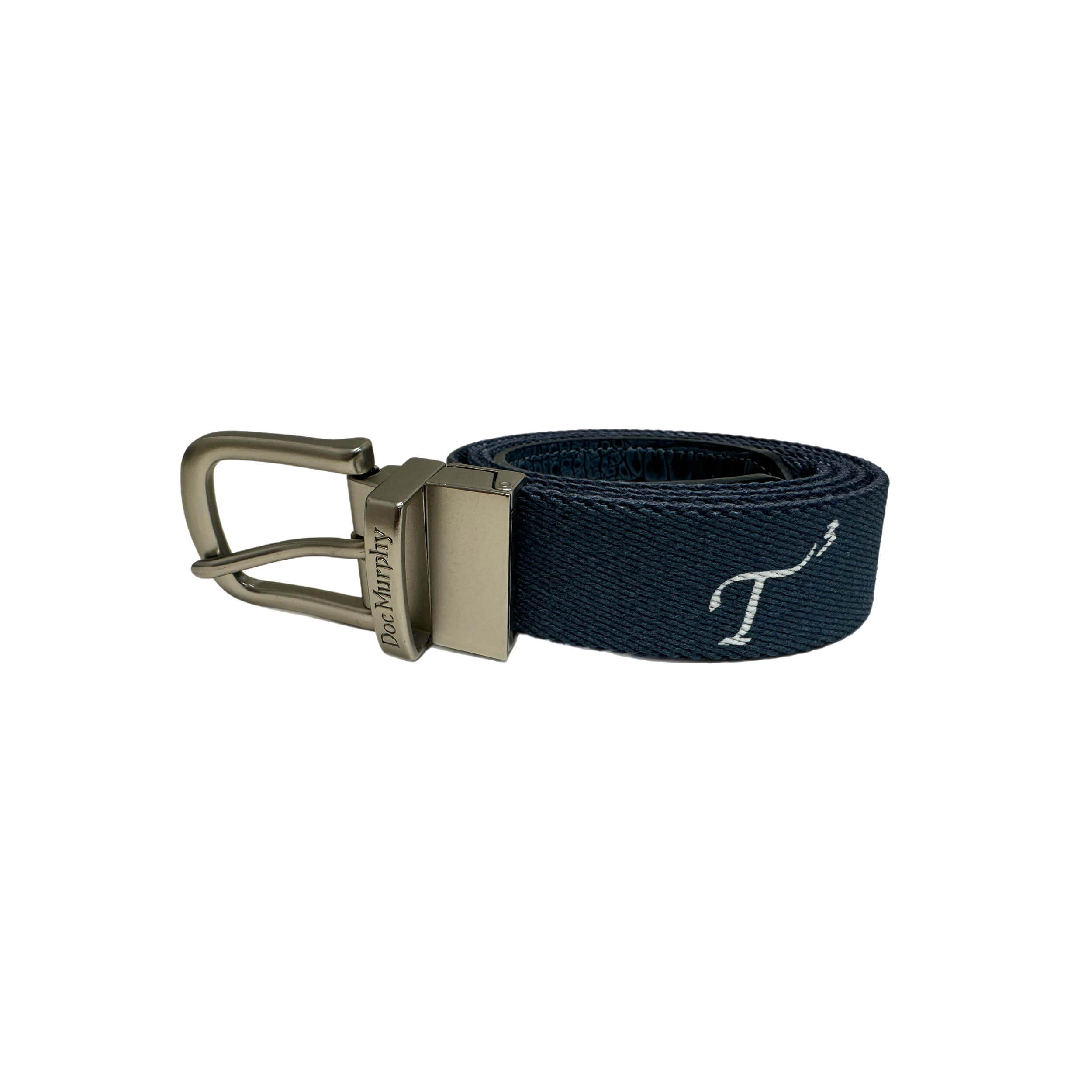 Doc Murphy, navy garment-dyed, custom-cut, reversible belt with embroidered T3 logo and brass-colored metal buckle with Doc Murphy logo on the buckle loop.