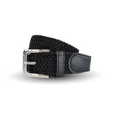 Black Weifert woven elastic, braided belt with light metal colored buckle.