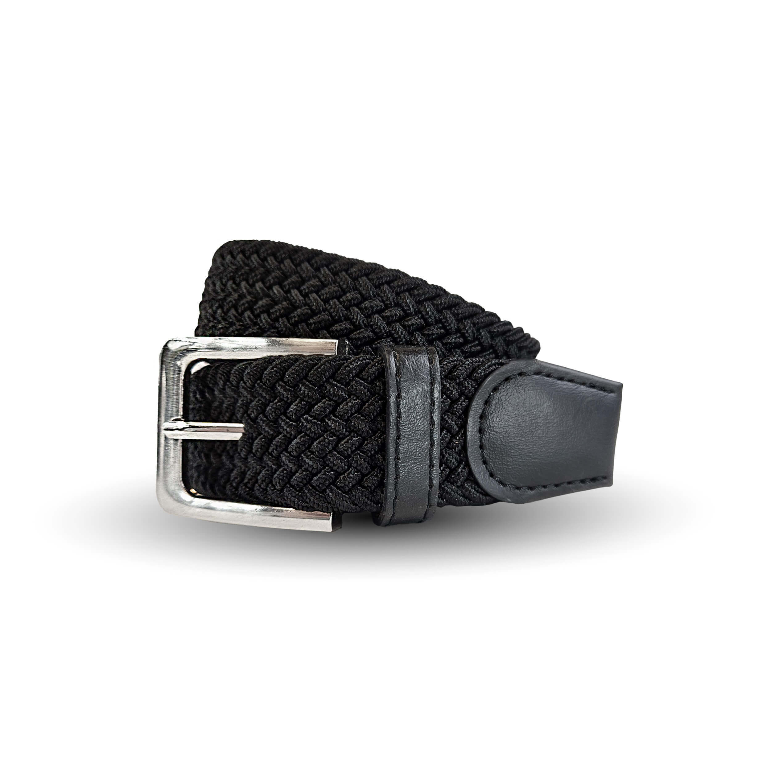 Black Weifert woven elastic, braided belt with light metal colored buckle.