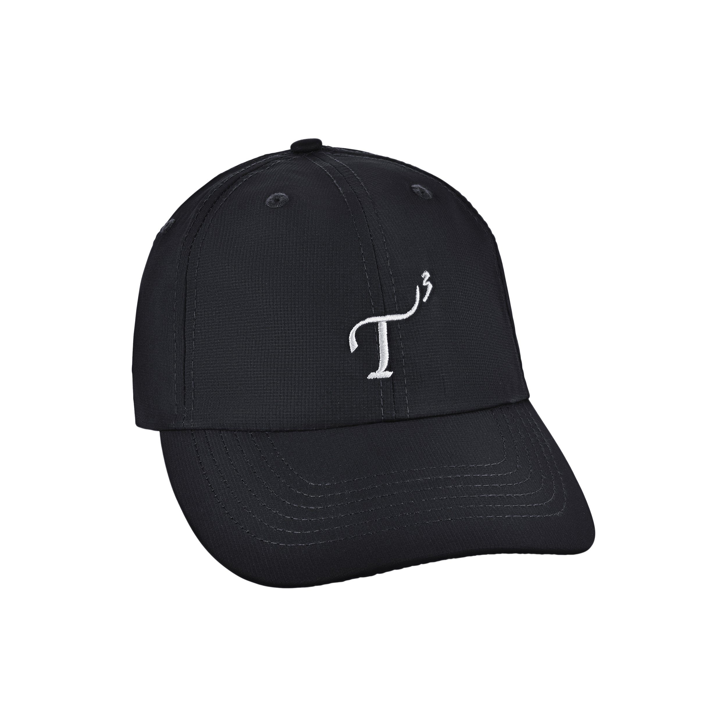 Men's lightweight performance ball cap. Black with white embroidered T3 logo. Right 45 degree view.