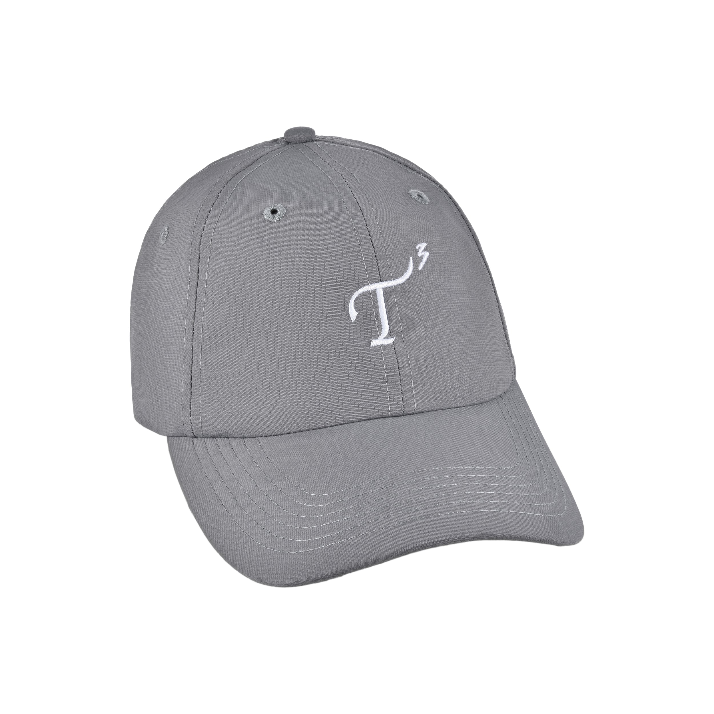 Men's lightweight performance ball cap. Dark gray with white embroidered T3 logo. Right 45 degree view.