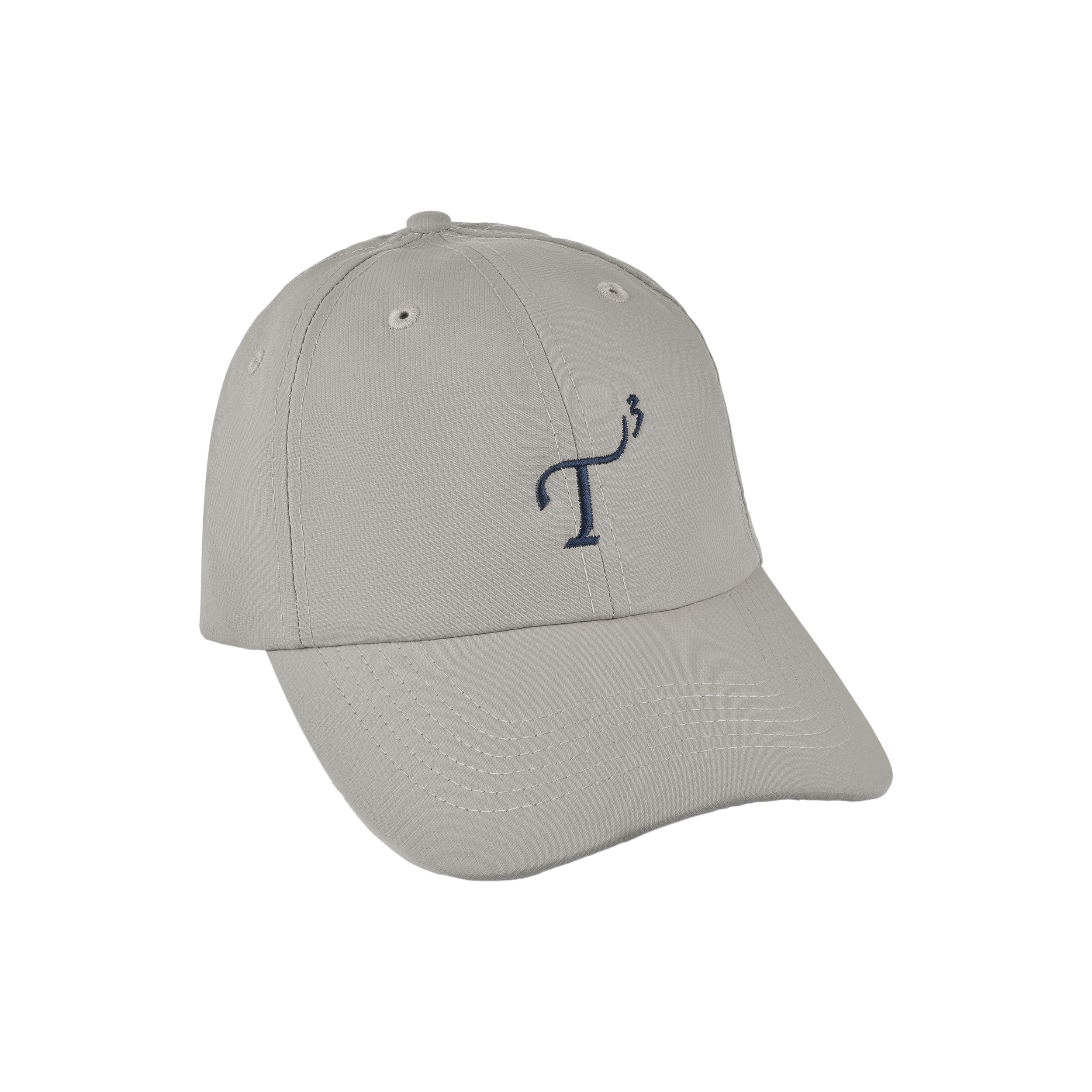 Men's lightweight performance ball cap. Frost gray with navy embroidered T3 logo. Right 45 degree view.