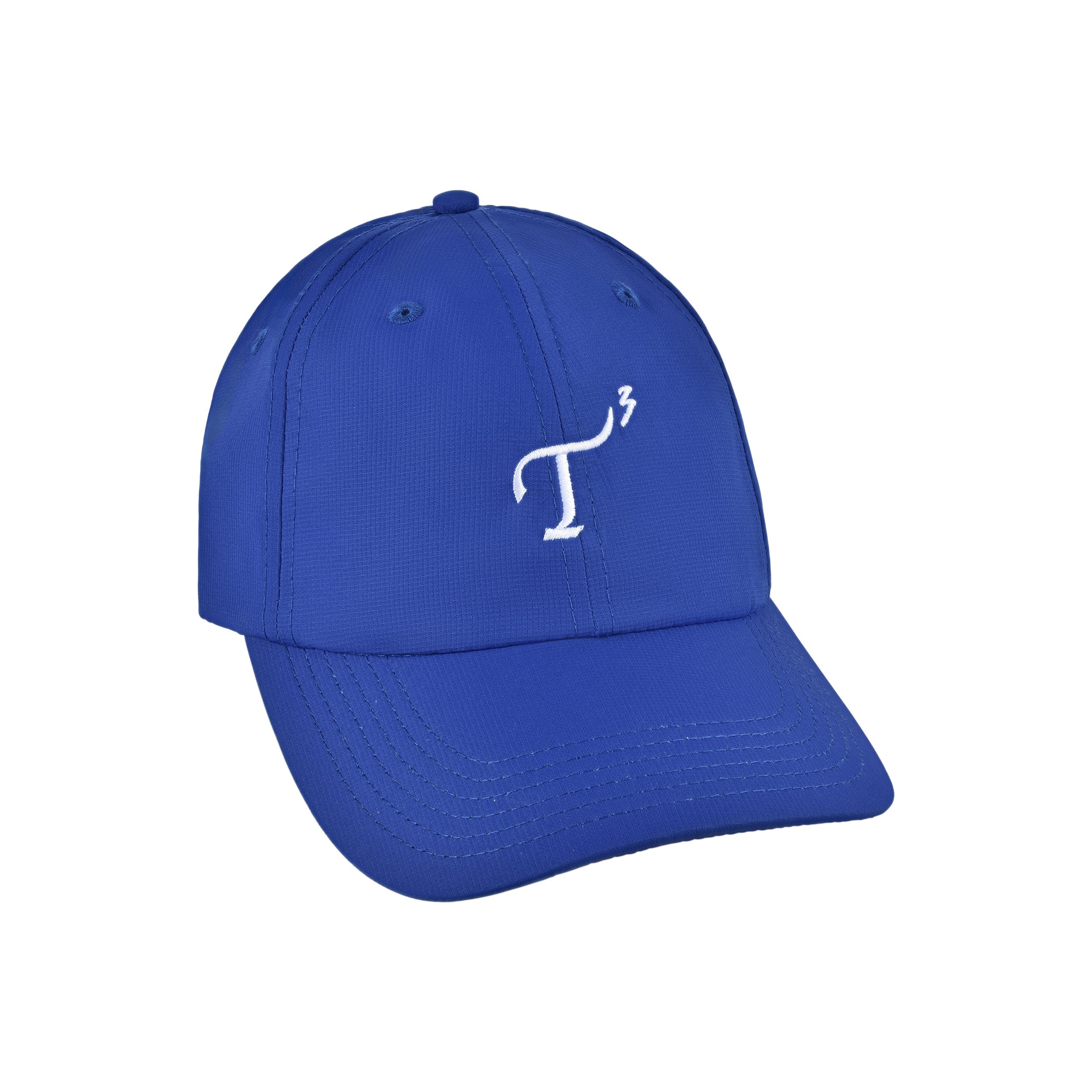 Men's lightweight performance ball cap. Royal blue with white embroidered T3 logo. Right 45 degree view.