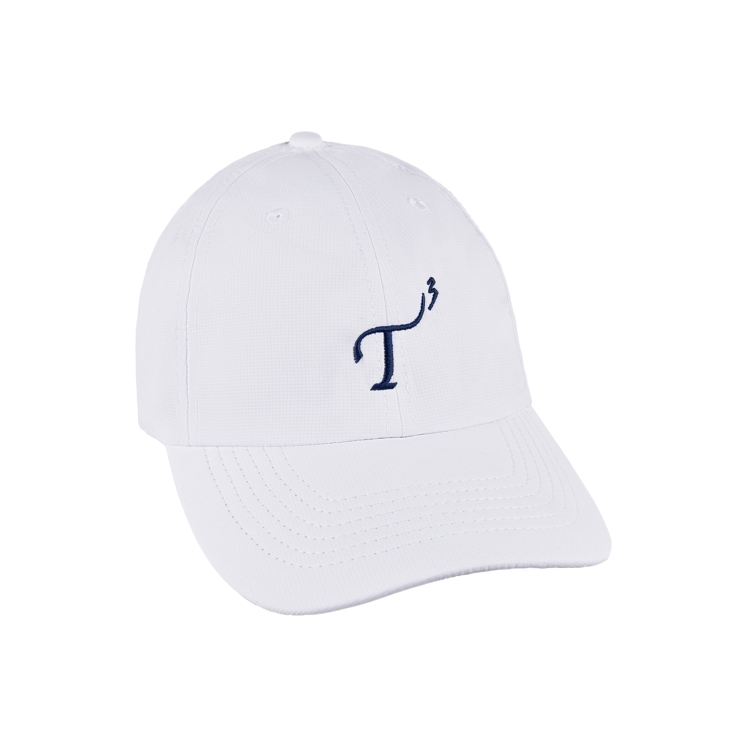 Men's lightweight performance ball cap. White with navy embroidered T3 logo. Right 45 degree view.