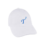 Men's lightweight performance ball cap. White with royal blue embroidered T3 logo. Right 45 degree view.