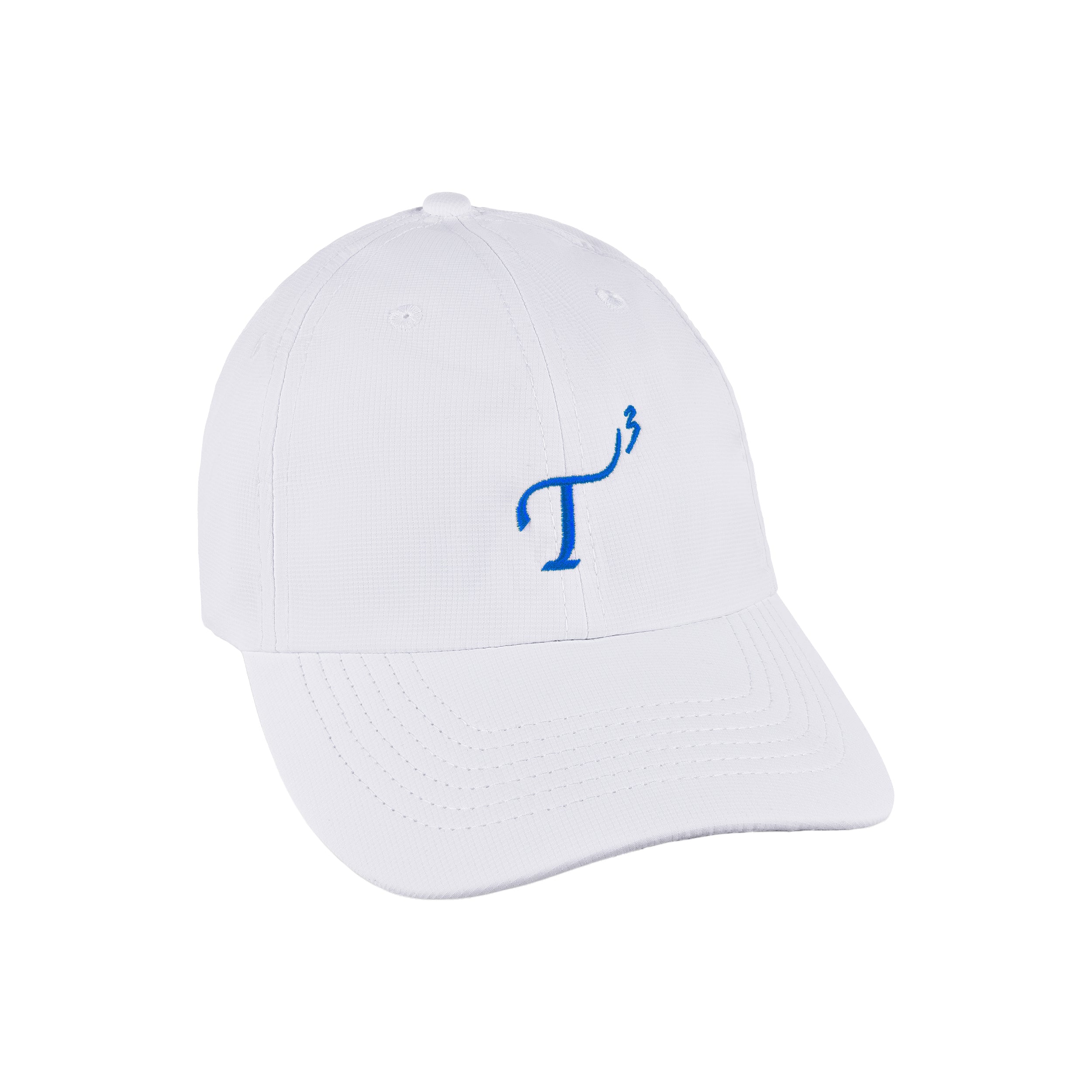 Men's lightweight performance ball cap. White with royal blue embroidered T3 logo. Right 45 degree view.