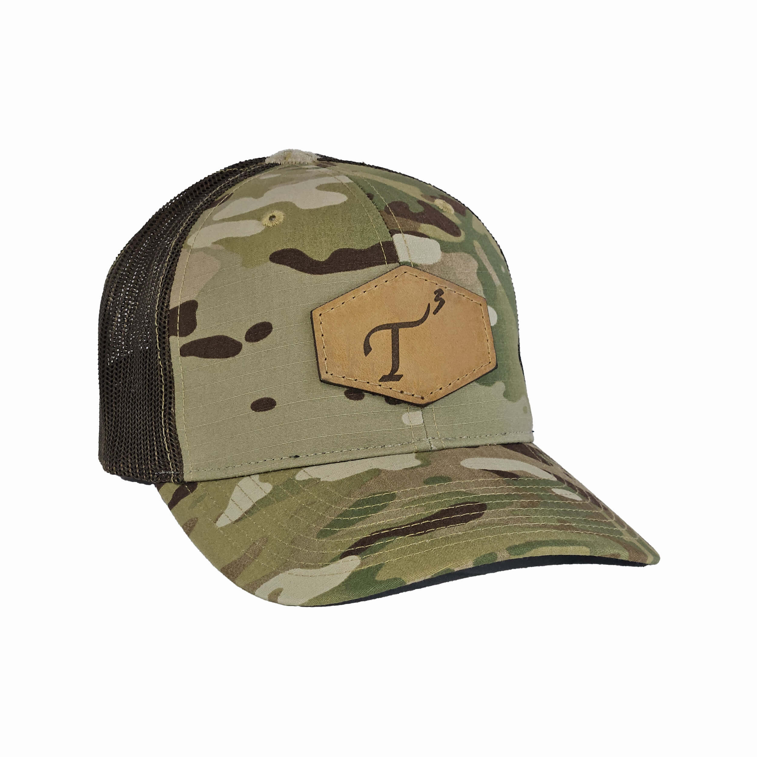 Men's green and brown camo with stretched hexagonal brown leather patch and debossed T3 logo.