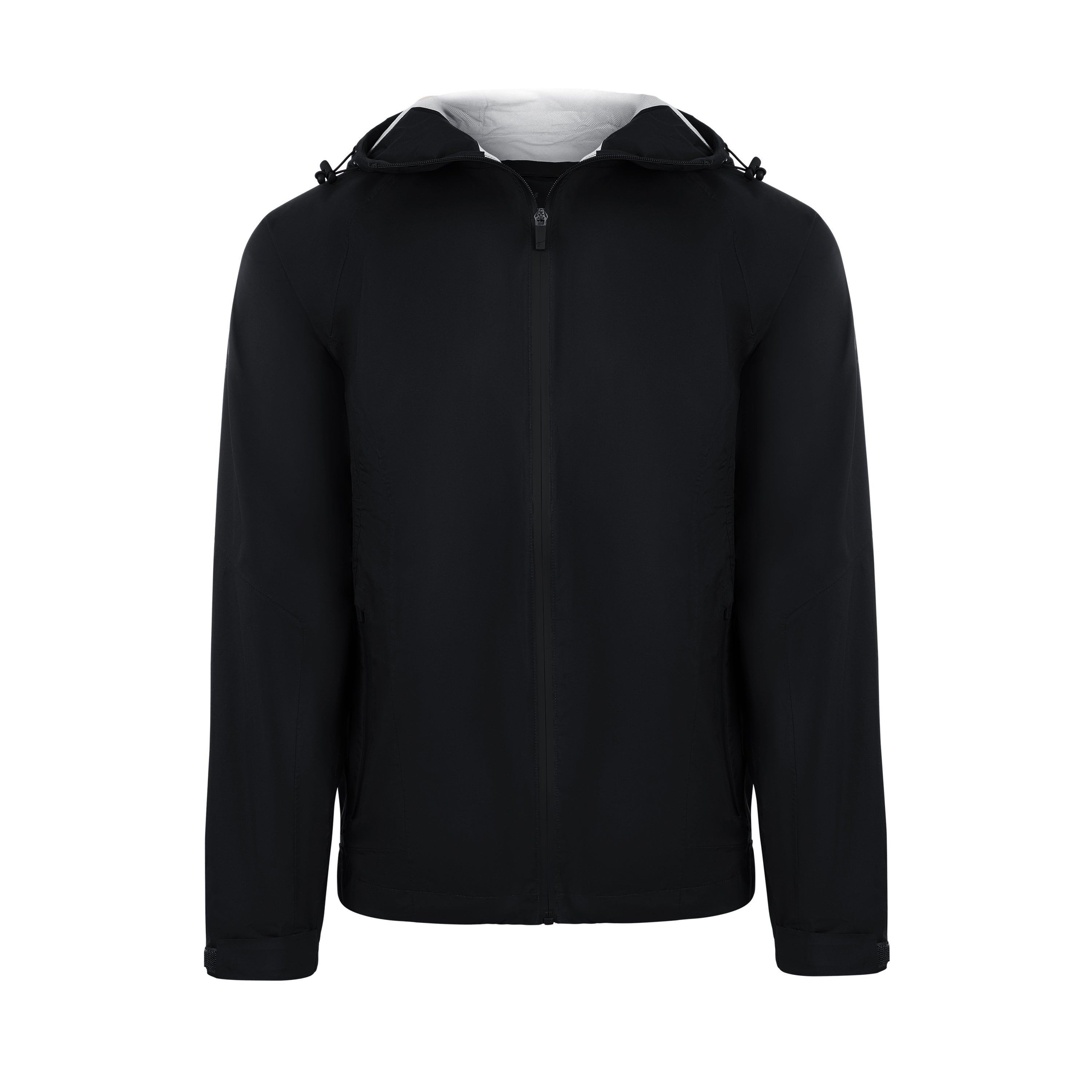 Men's Sport, Lightweight Rain Jacket with Hood, Black. Front view.