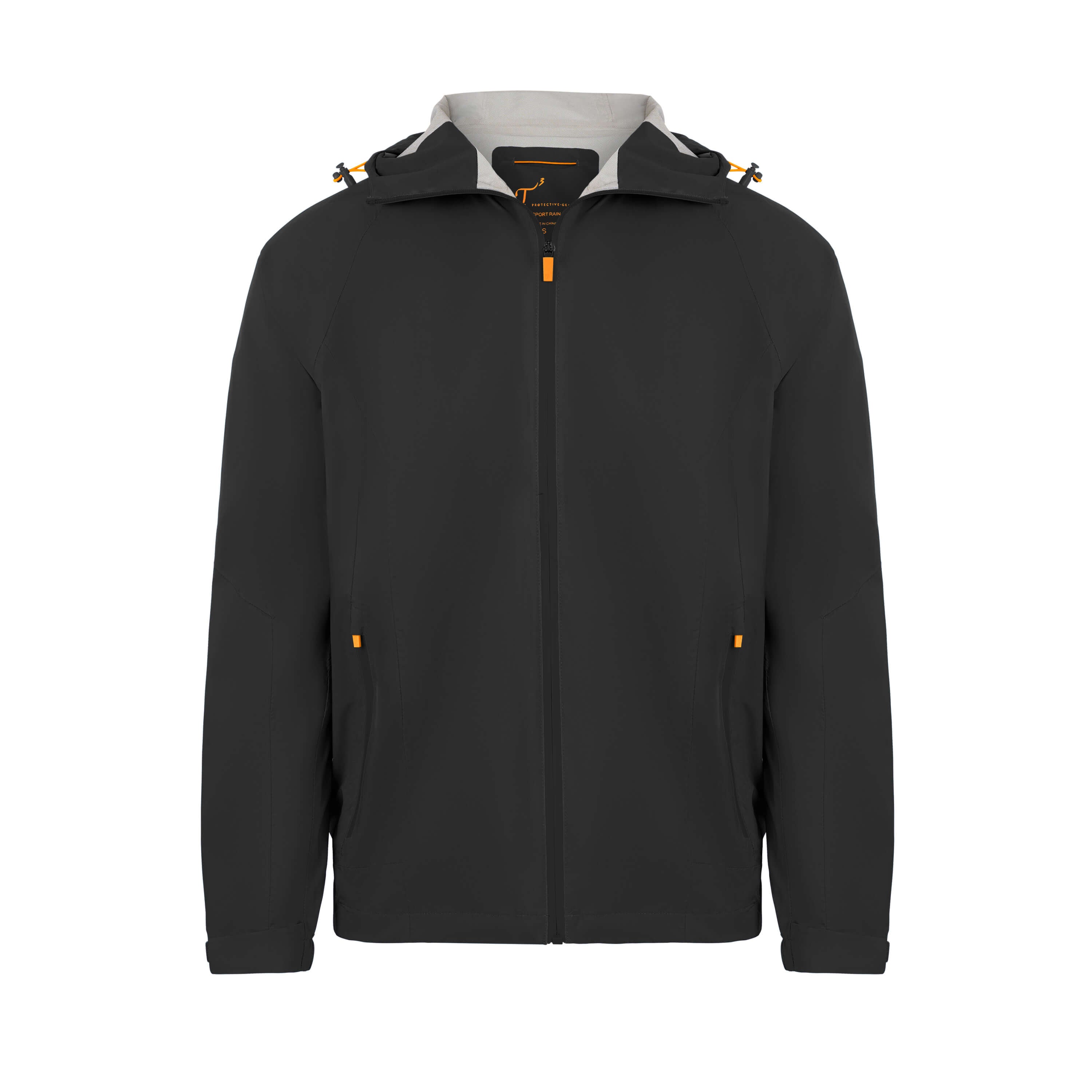 Men's Sport, Lightweight Rain Jacket with Hood, Black/Orange. Front view.
