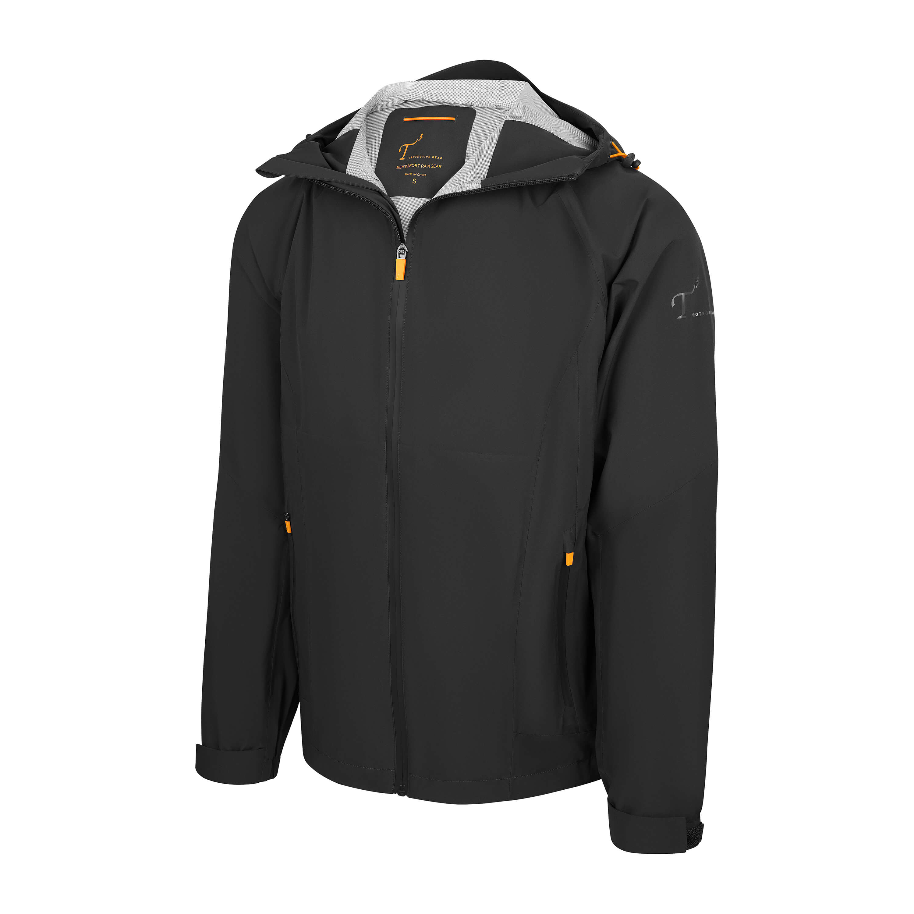 Men's Sport, Lightweight Rain Jacket with Hood, Black/Orange. Left 45 degree view.