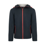 Men's Sport, Lightweight Rain Jacket with Hood, Navy with Red. Front view.