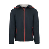 Men's Sport, Lightweight Rain Jacket with Hood, Navy with Red. Front view.