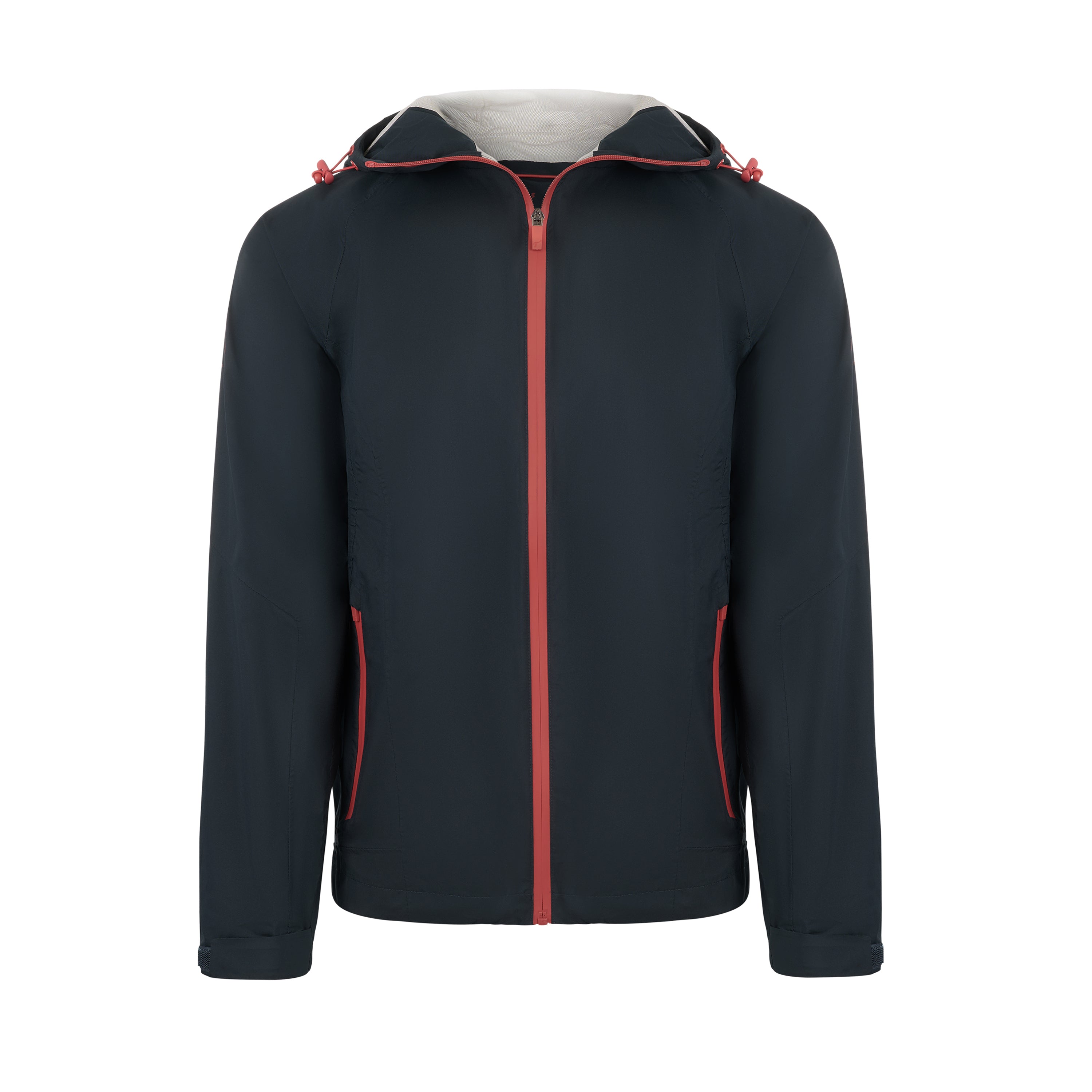 Men's Sport, Lightweight Rain Jacket with Hood, Navy with Red. Front view.