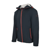Men's Sport, Lightweight Rain Jacket with Hood, Navy with Red. 45 degree left view.