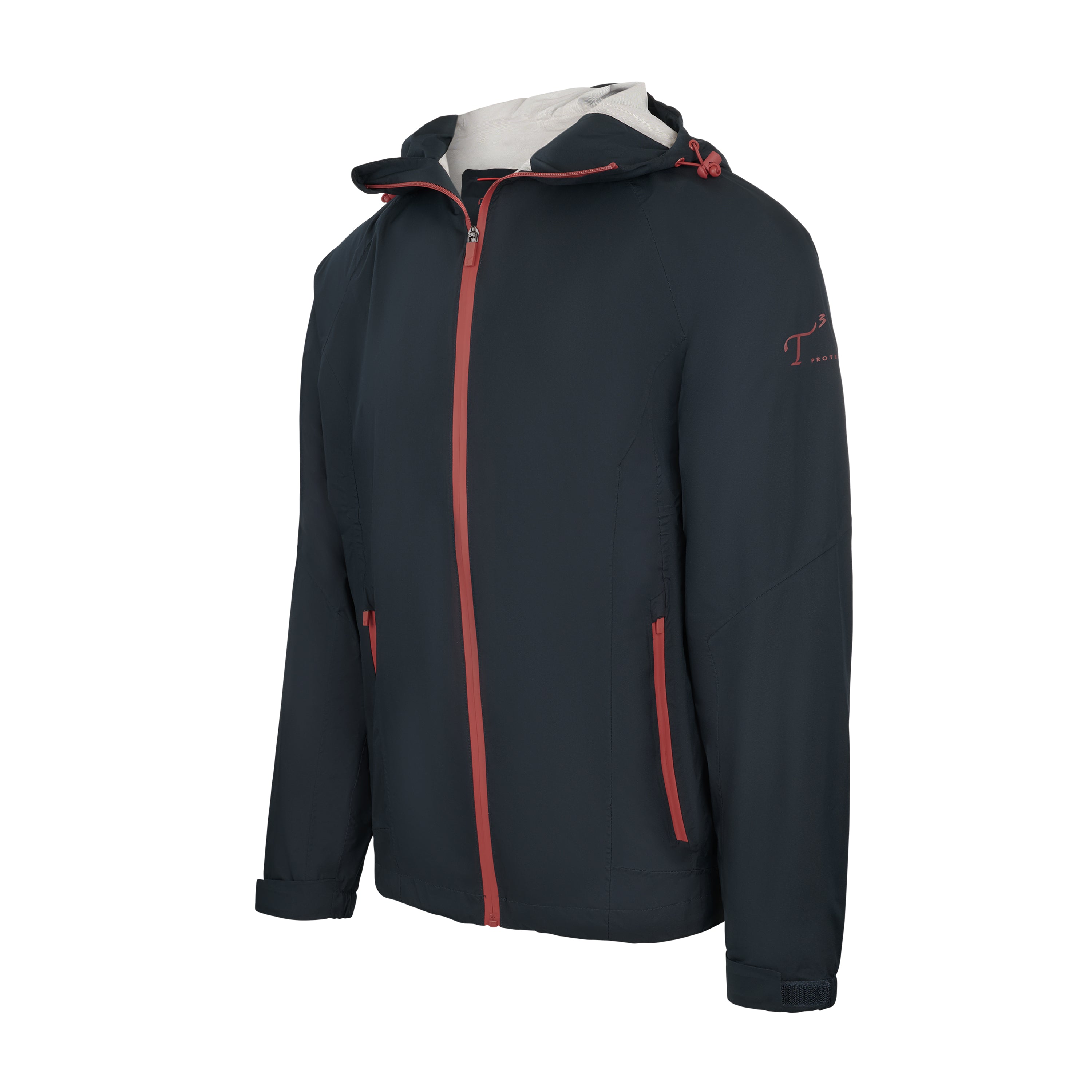 Men's Sport, Lightweight Rain Jacket with Hood, Navy with Red. 45 degree left view.