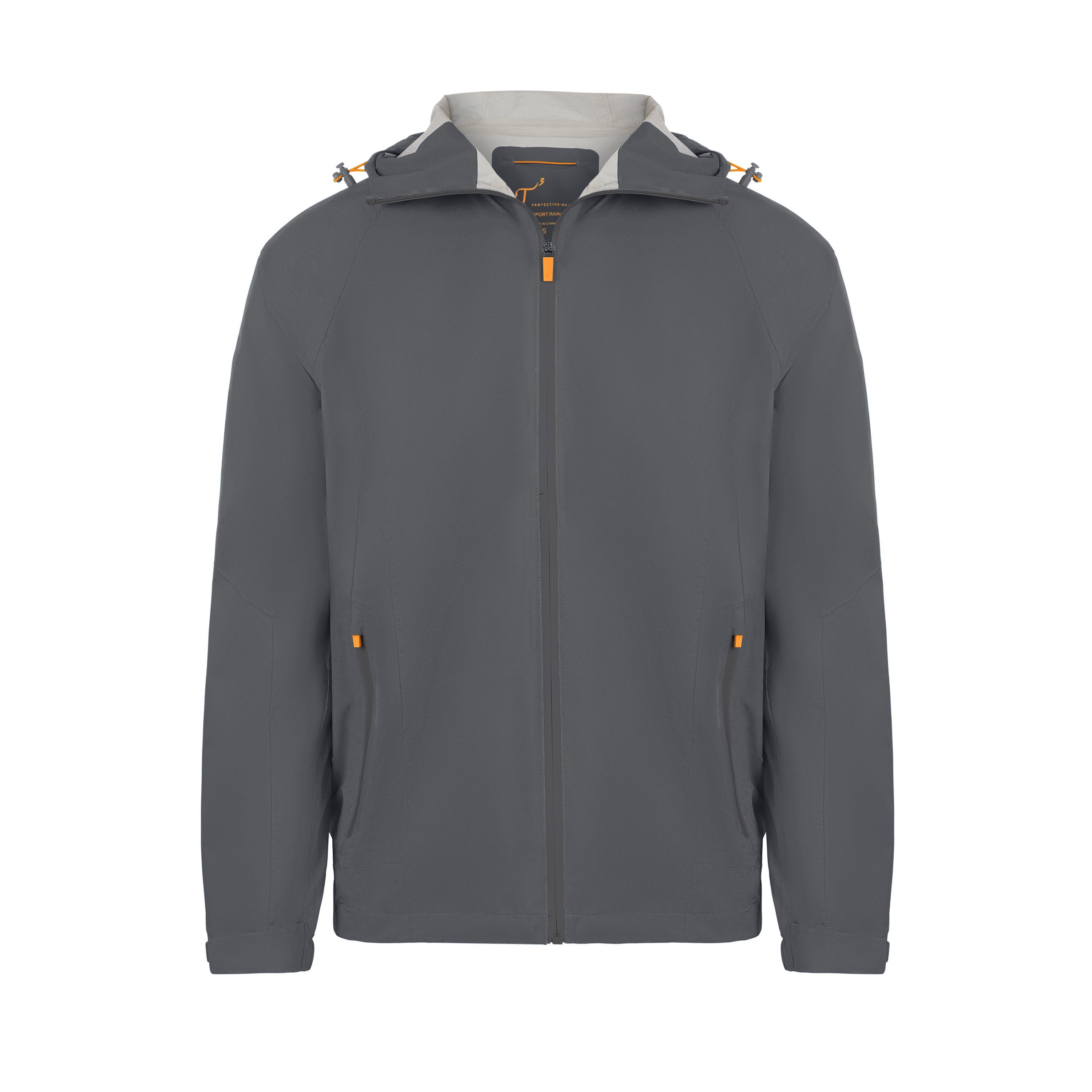 Men's Sport, Lightweight Rain Jacket with Hood, Smokey Gray/Orange. Front view.