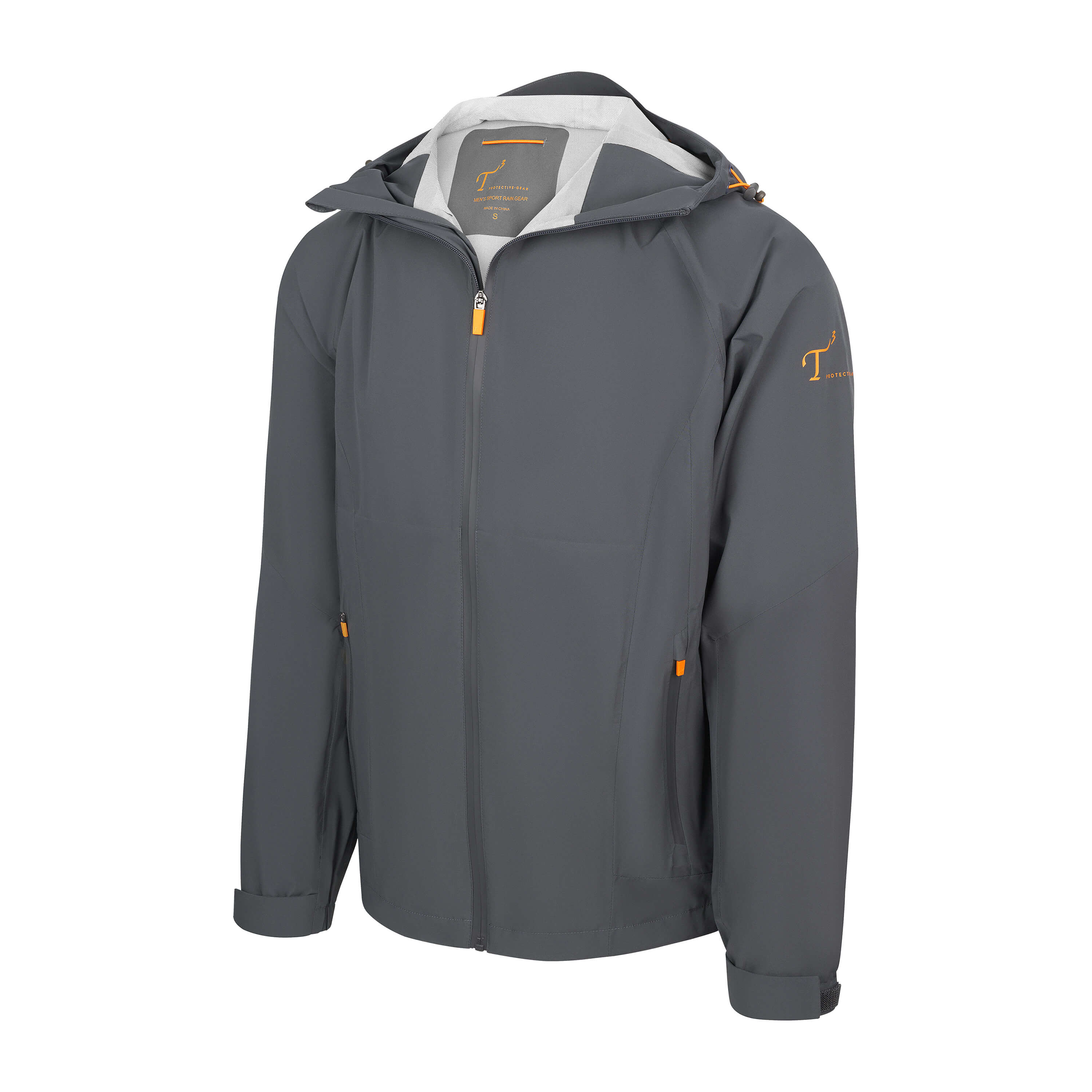 Men's Sport, Lightweight Rain Jacket with Hood, Smokey Gray/Orange. Left 45 degree view.