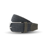 Gray Weifert woven elastic, braided belt with light metal colored buckle.