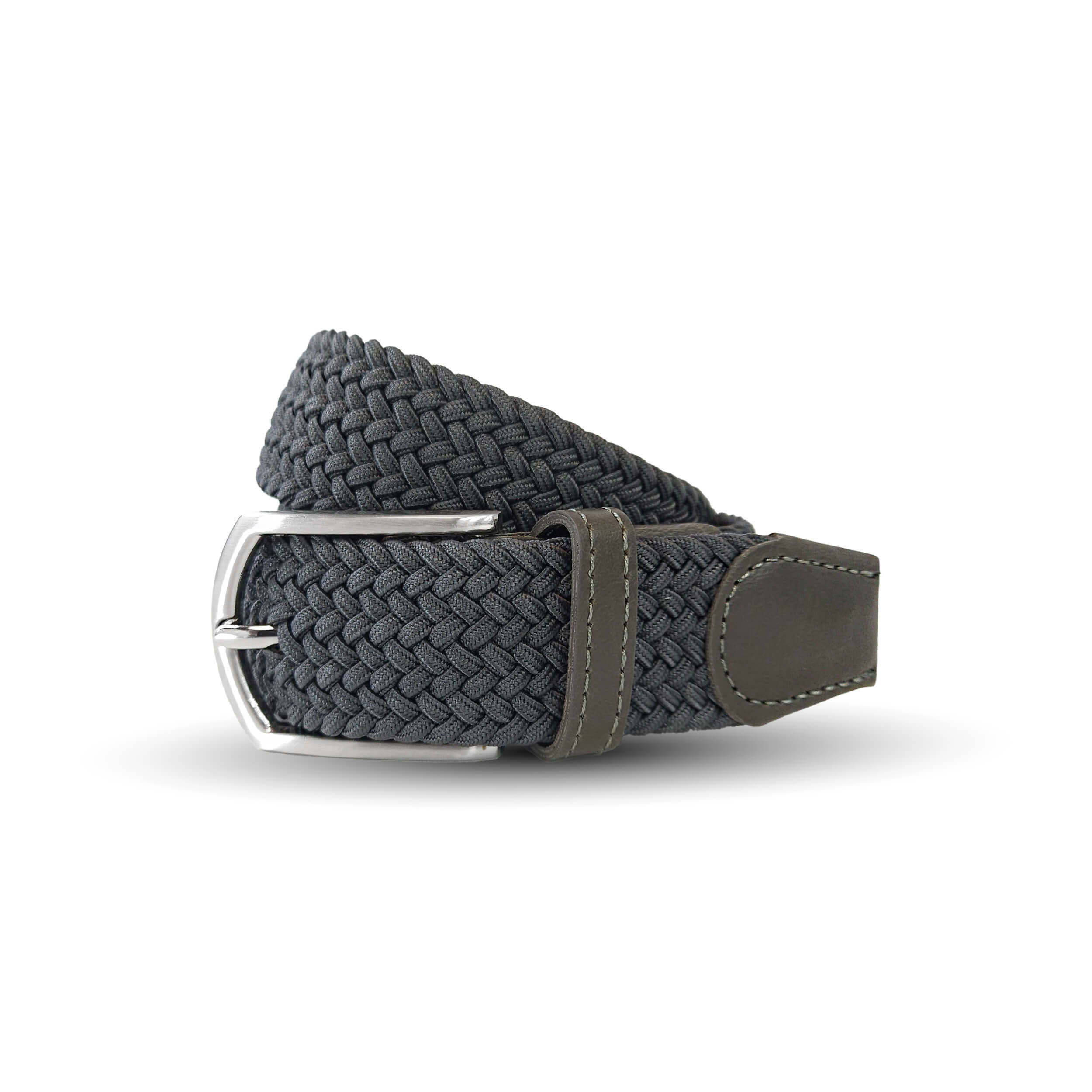 Gray Weifert woven elastic, braided belt with light metal colored buckle.