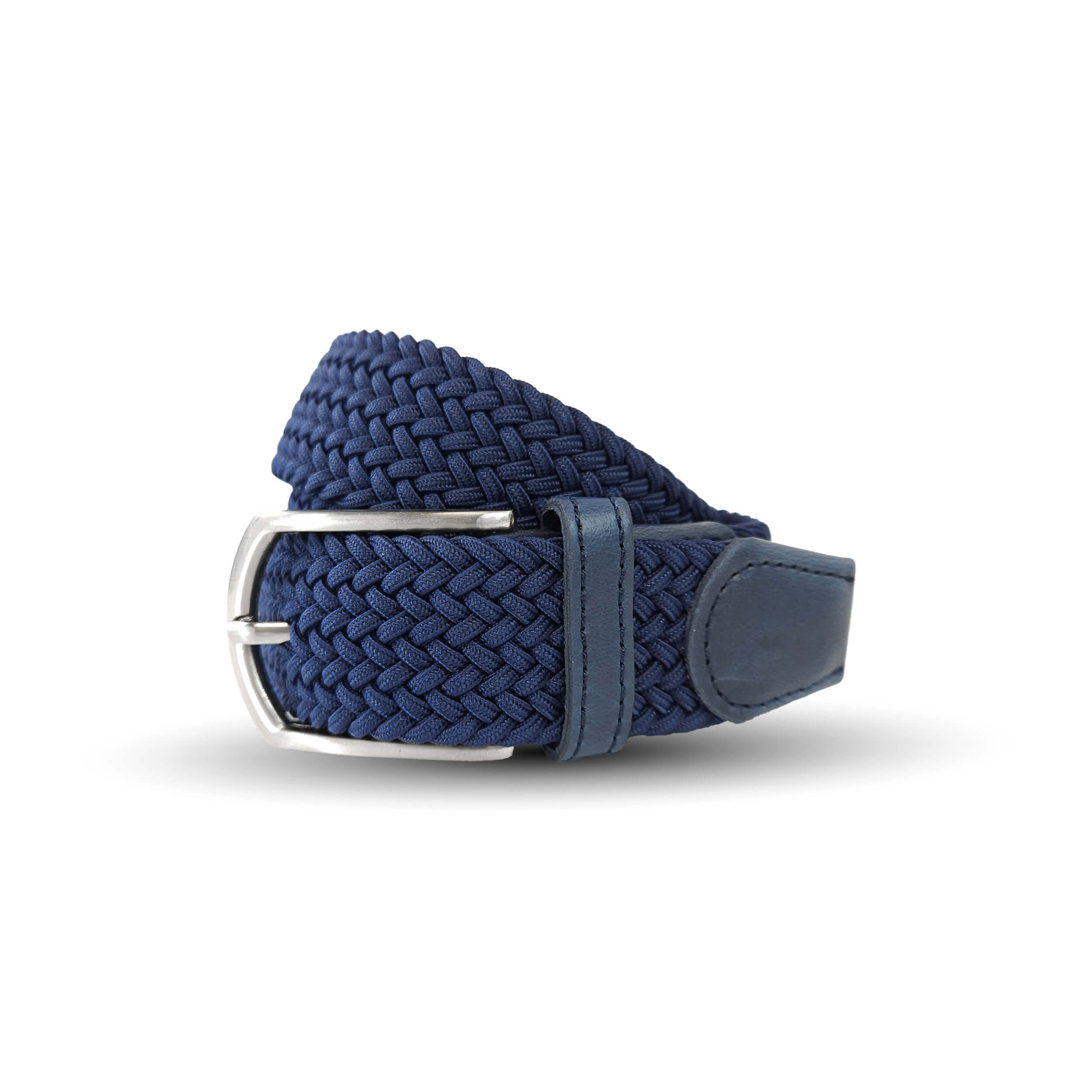 Navy Weifert woven elastic, braided belt with light metal colored buckle.