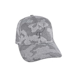 Men's mid-crown performance ball cap. Camo gray with dark gray embroidered T3 logo. Right 45 degree view.