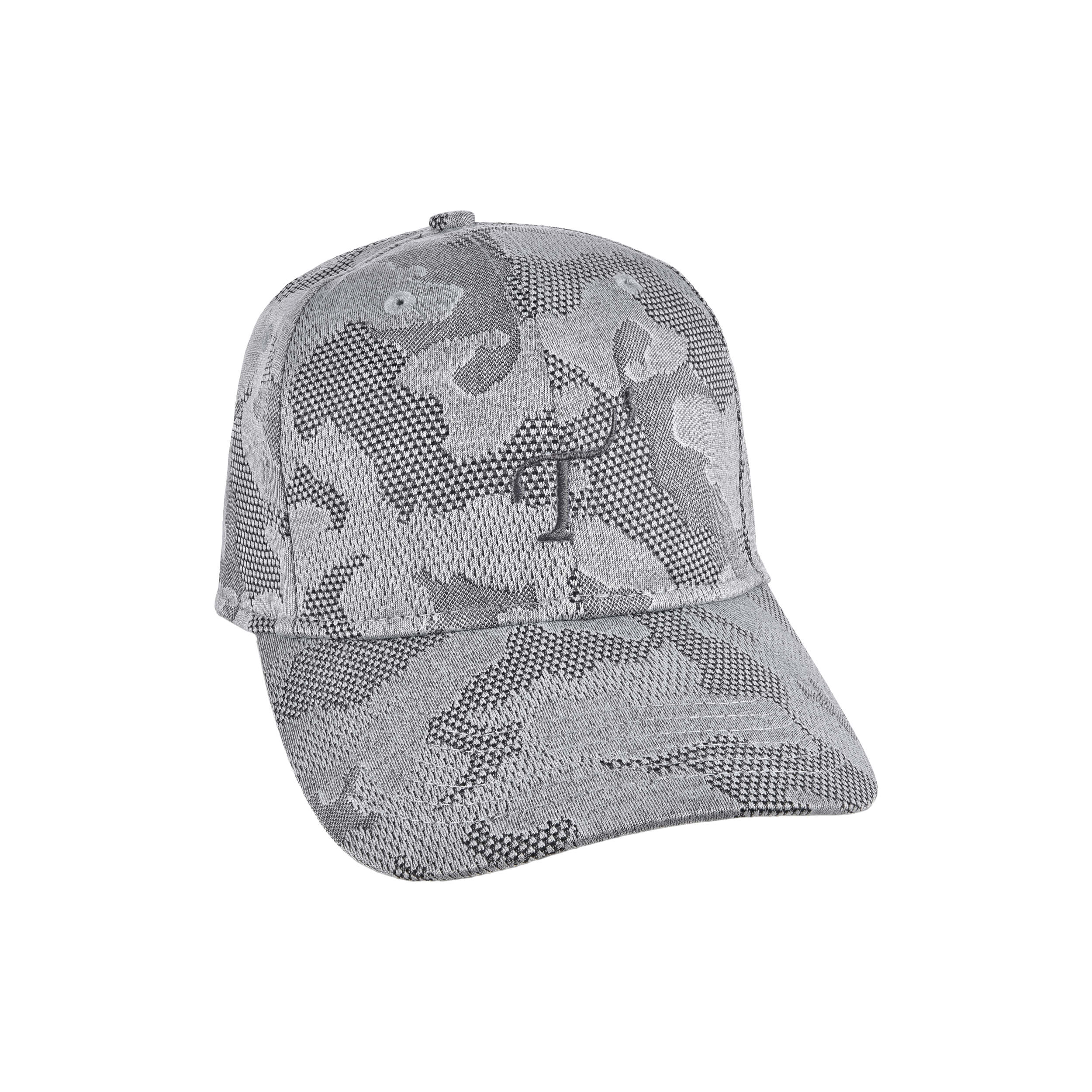 Men's mid-crown performance ball cap. Camo gray with dark gray embroidered T3 logo. Right 45 degree view.