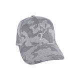 Men's mid-crown performance ball cap. Camo gray with white embroidered T3 logo. Right 45 degree view.