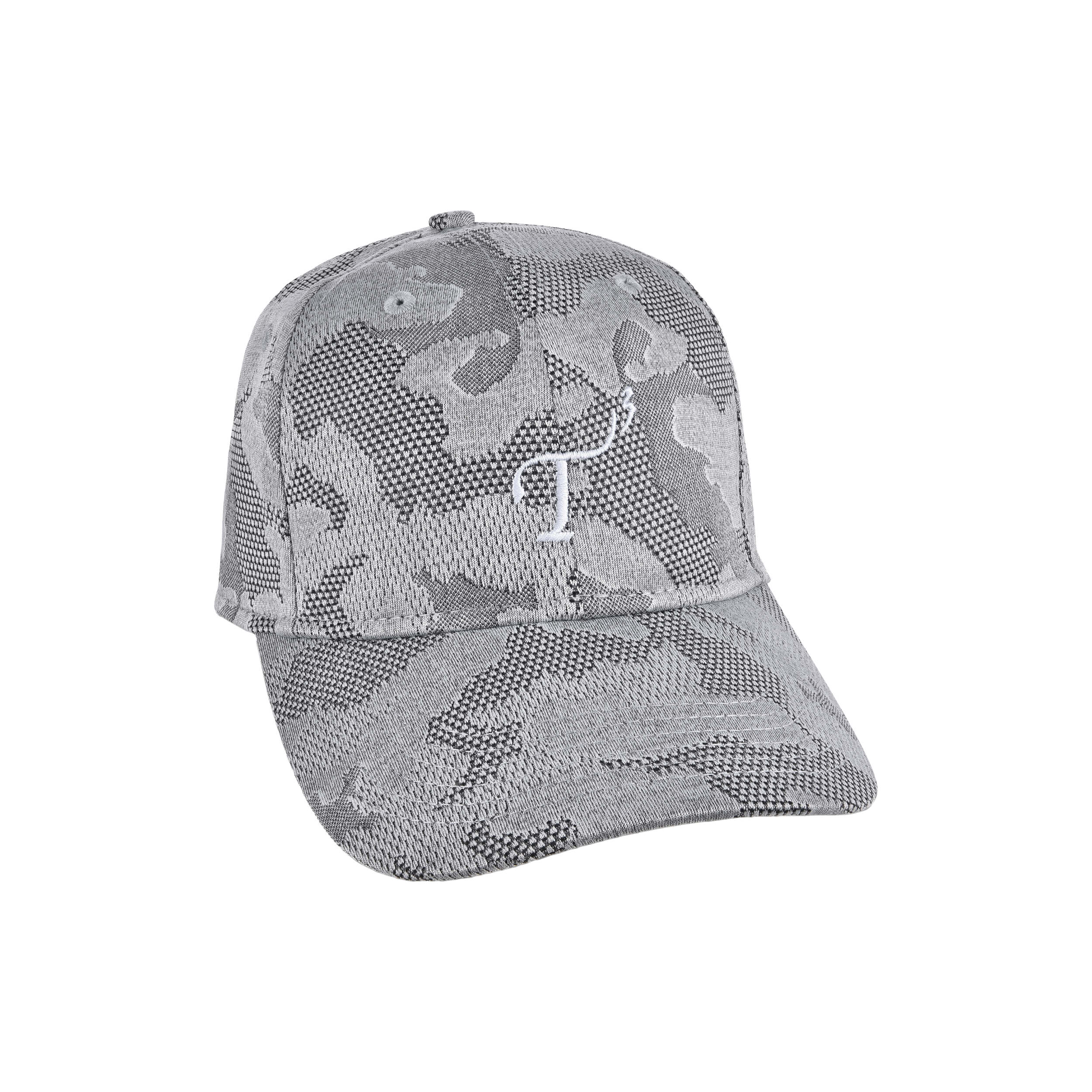 Men's mid-crown performance ball cap. Camo gray with white embroidered T3 logo. Right 45 degree view.