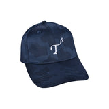 Men's mid-crown performance ball cap. Camo navy with white embroidered T3 logo. Right 45 degree view.