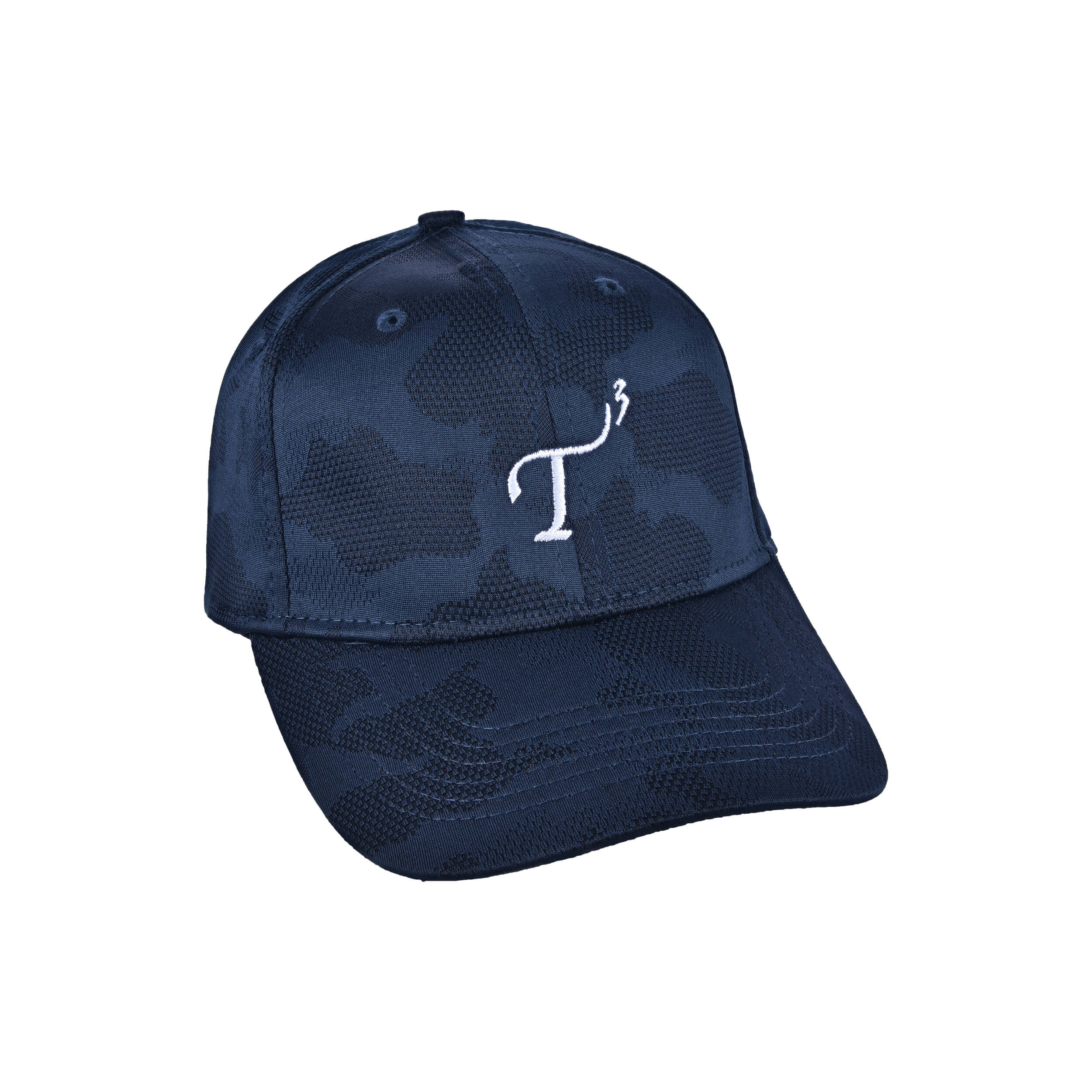Men's mid-crown performance ball cap. Camo navy with white embroidered T3 logo. Right 45 degree view.