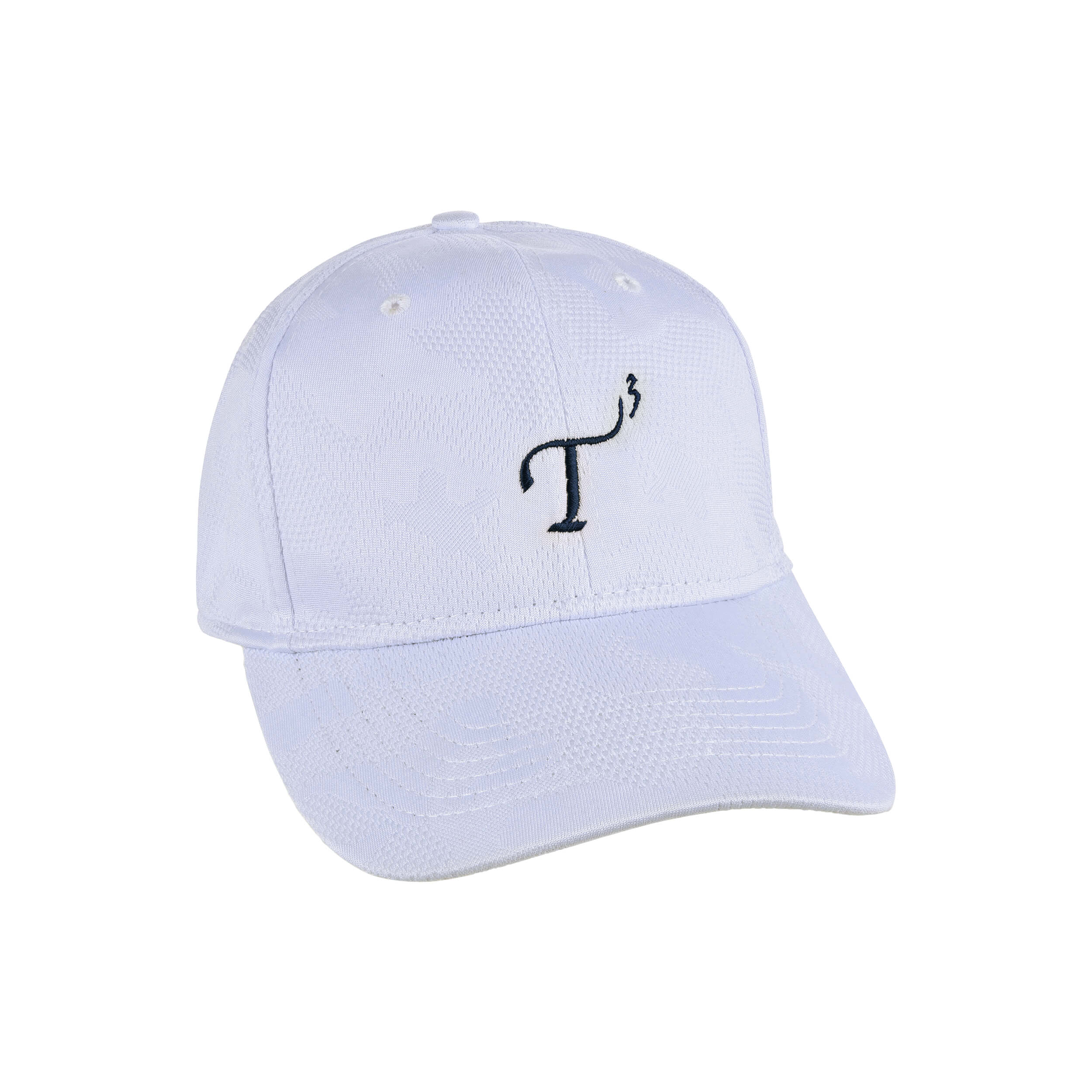 Men's mid-crown performance ball cap. Camo white with navy embroidered T3 logo. Right 45 degree view.