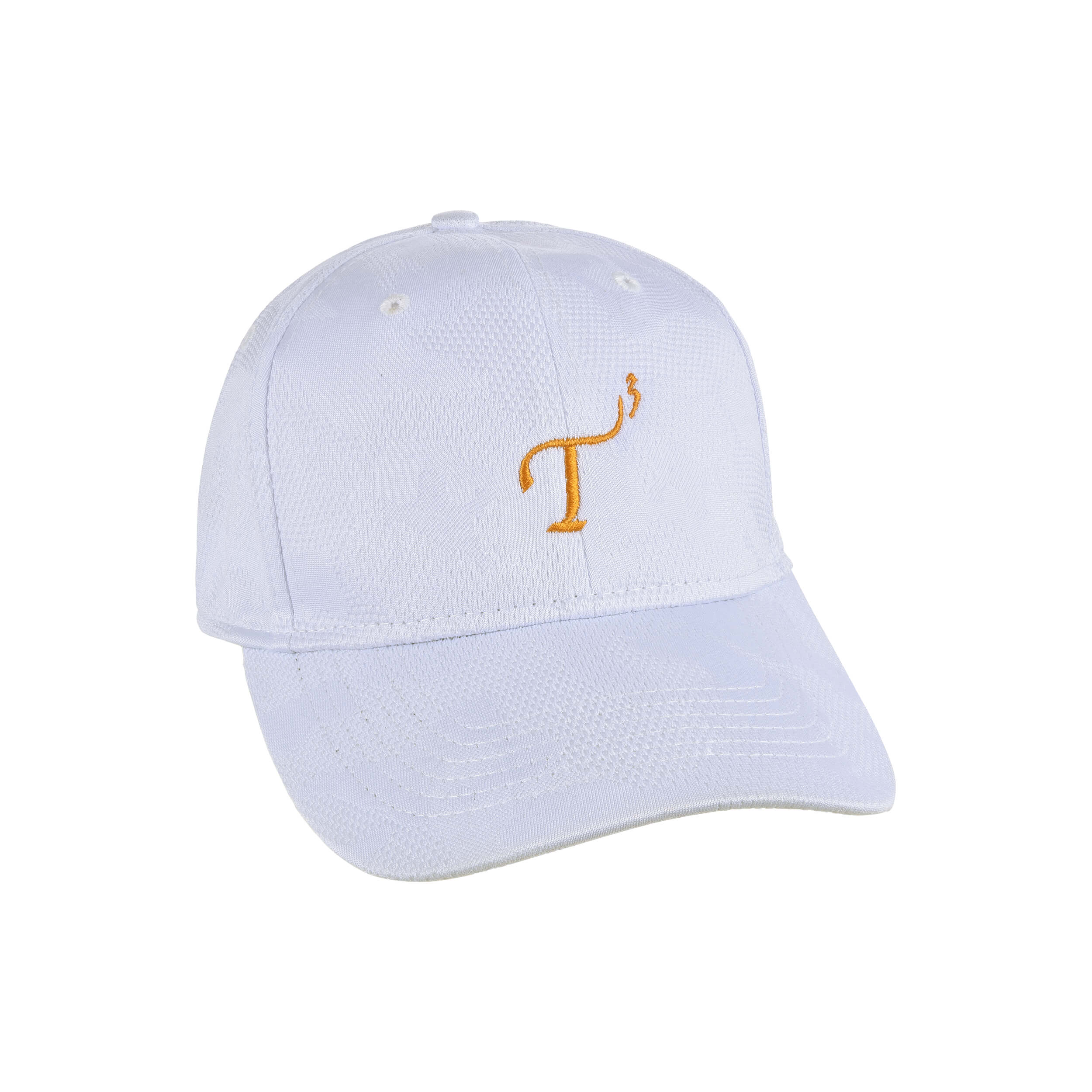 Men's mid-crown performance ball cap. Camo white with orange embroidered T3 logo. Right 45 degree view.