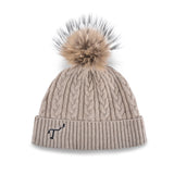 Women's beige, cashmere, knitted, beanie with light brown faux fur pom top and navy, embroidered T3 logo.