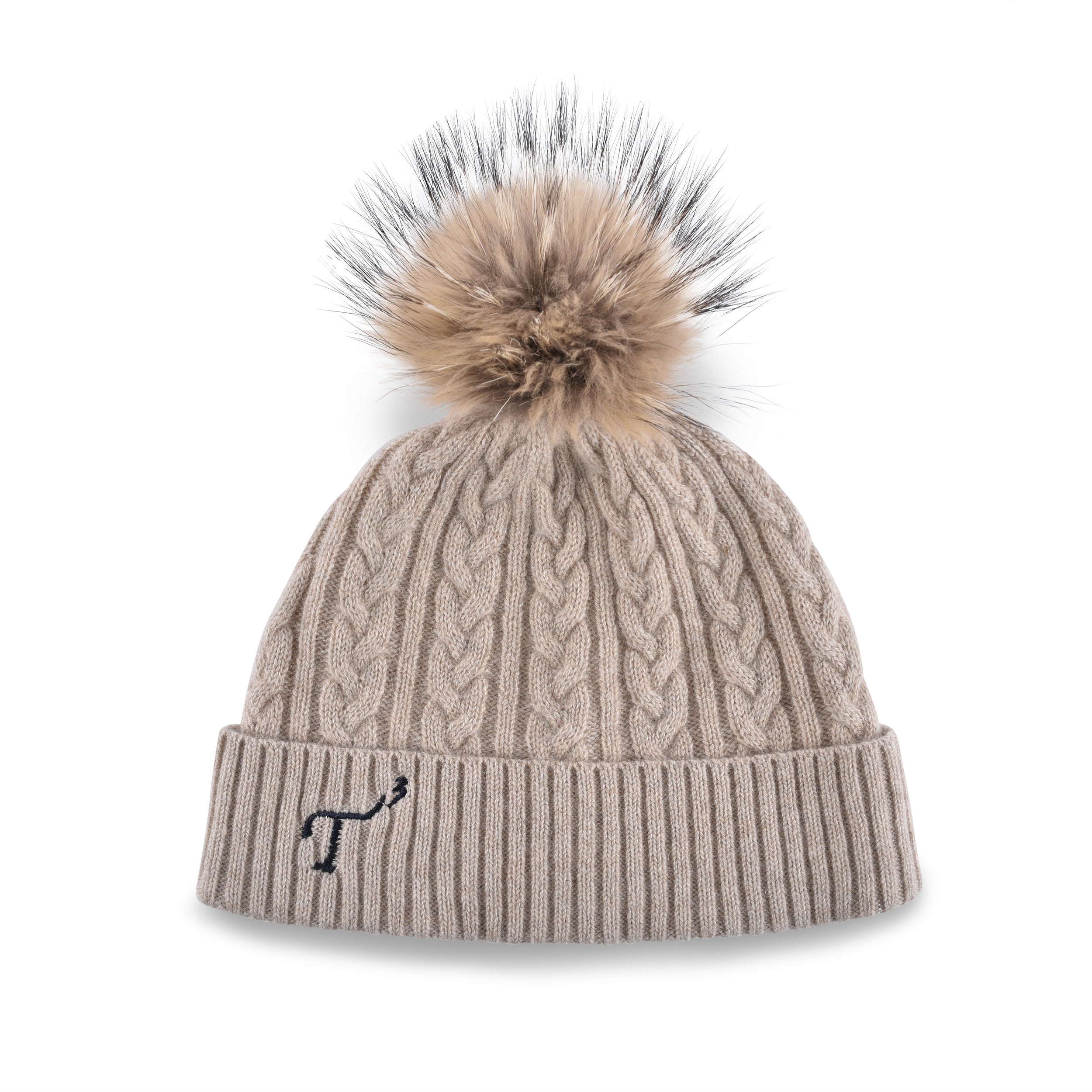 Women's beige, cashmere, knitted, beanie with light brown faux fur pom top and navy, embroidered T3 logo.