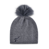 Women's charcoal, cashmere, knitted, beanie with dark gray faux fur pom top and navy, embroidered T3 logo.