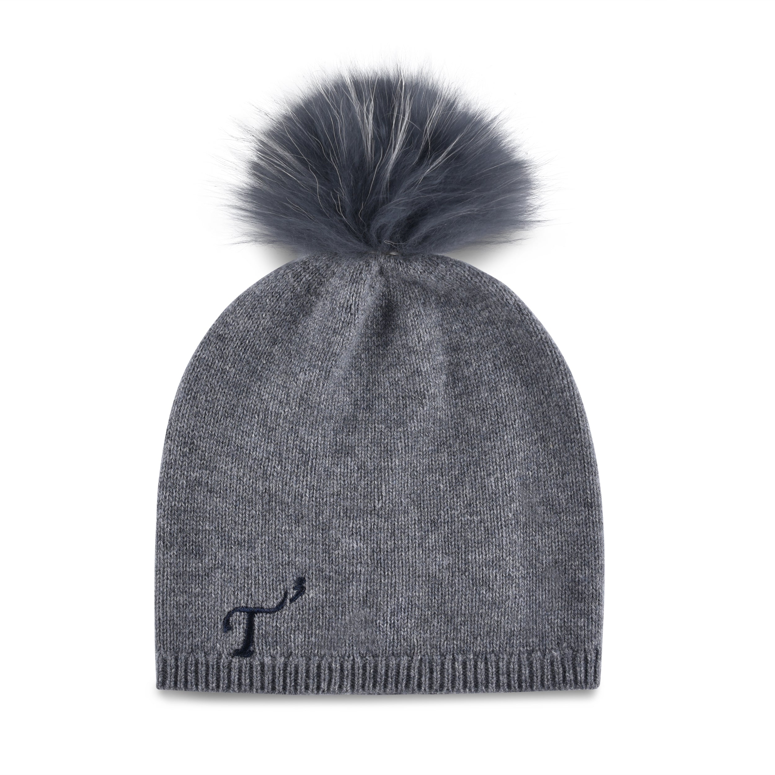 Women's charcoal, cashmere, knitted, beanie with dark gray faux fur pom top and navy, embroidered T3 logo.