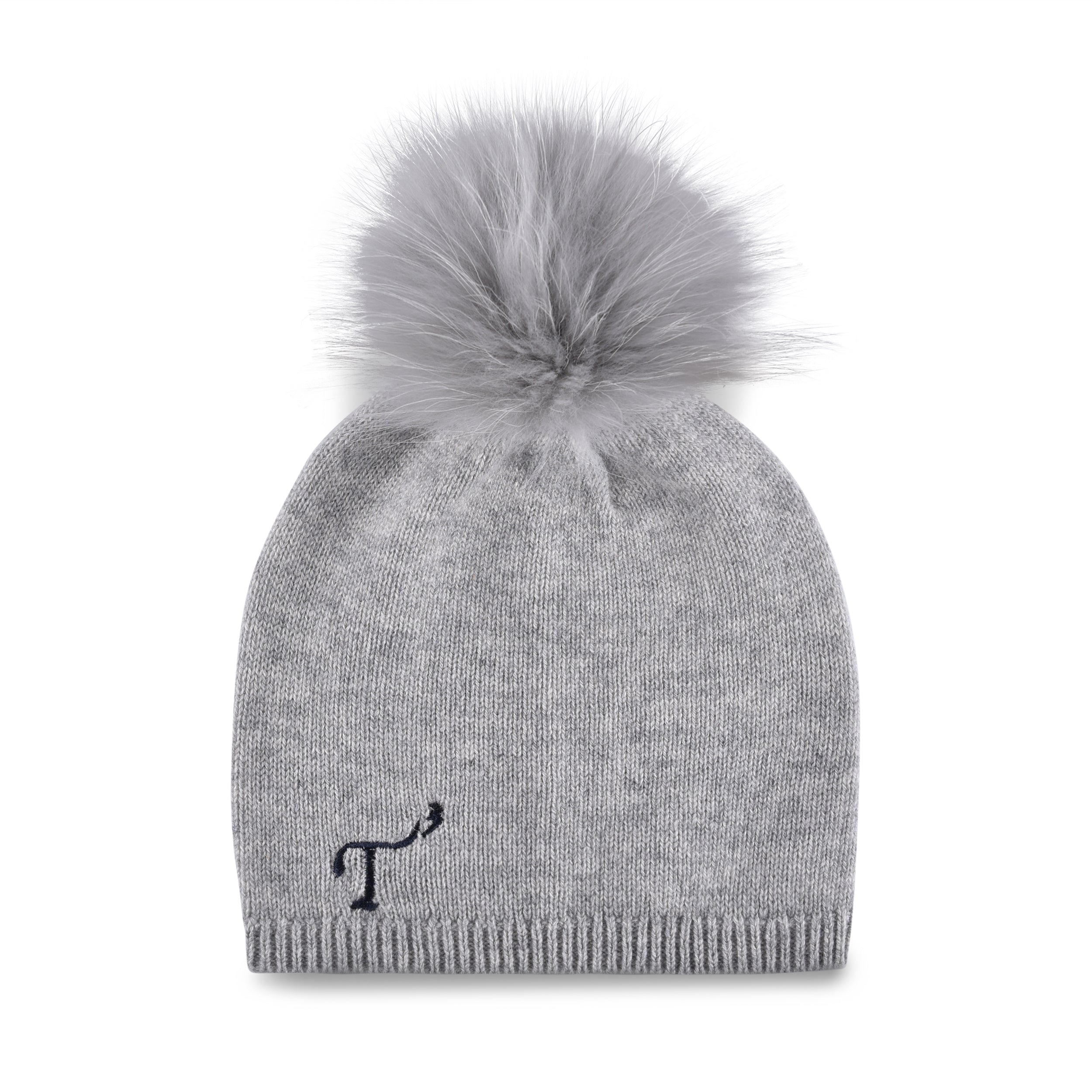 Women's gray, cashmere, knitted, beanie with light gray faux fur pom top and navy, embroidered T3 logo.